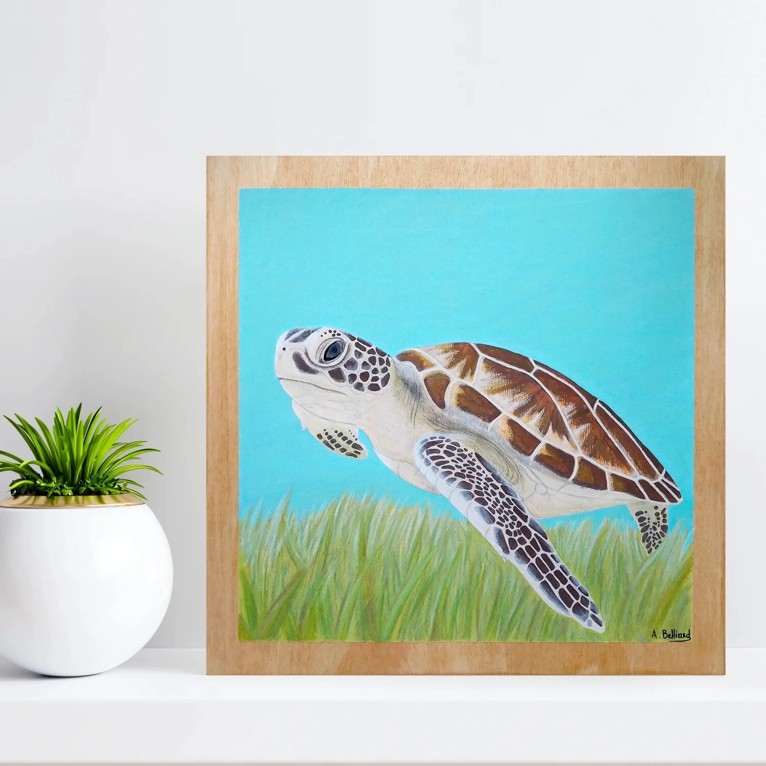 Tableau d'une tortue de mer de taille 30x30 cm posé sur un meuble.