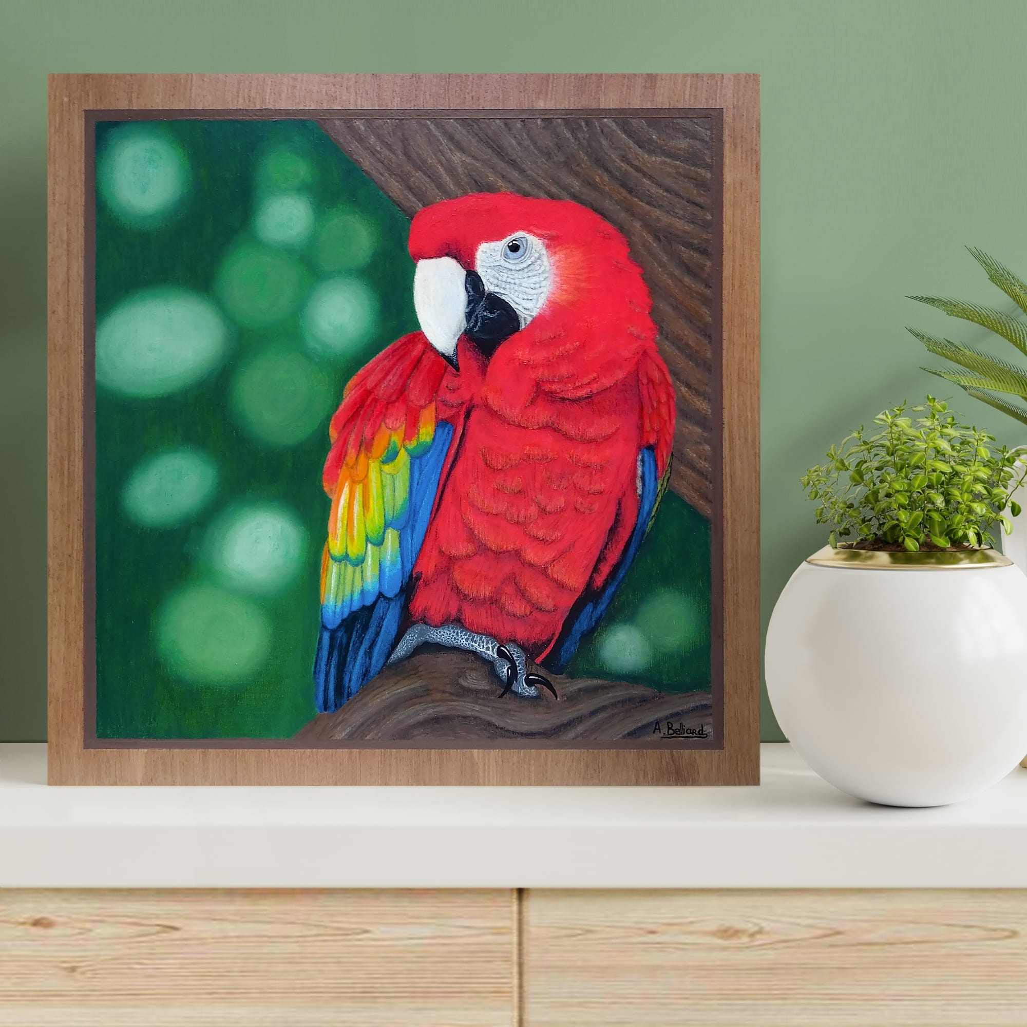 Peinture murale tropicale et exotique d'un perroquet ara macao rouge