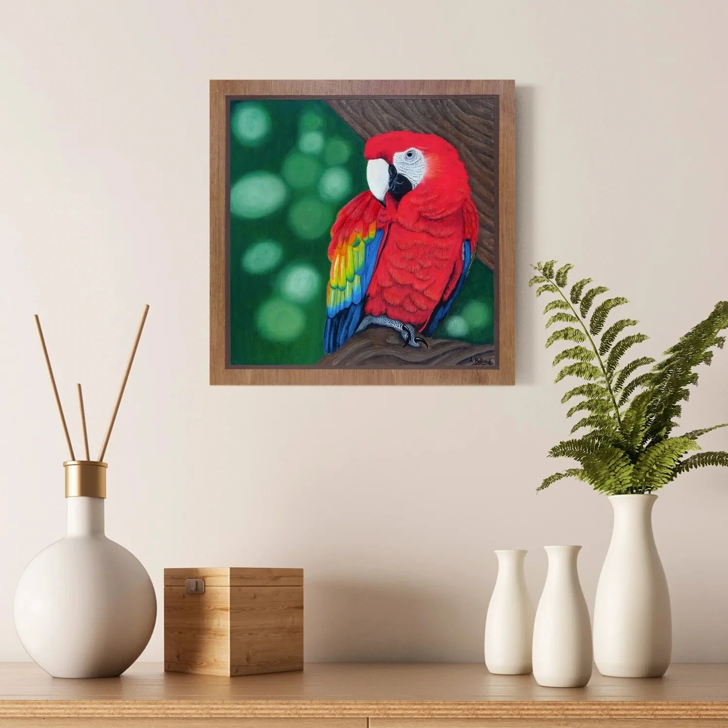 tableau oiseau tropical perroquet ara macao peinture et pastels 30x30 cm aline belliard artiste