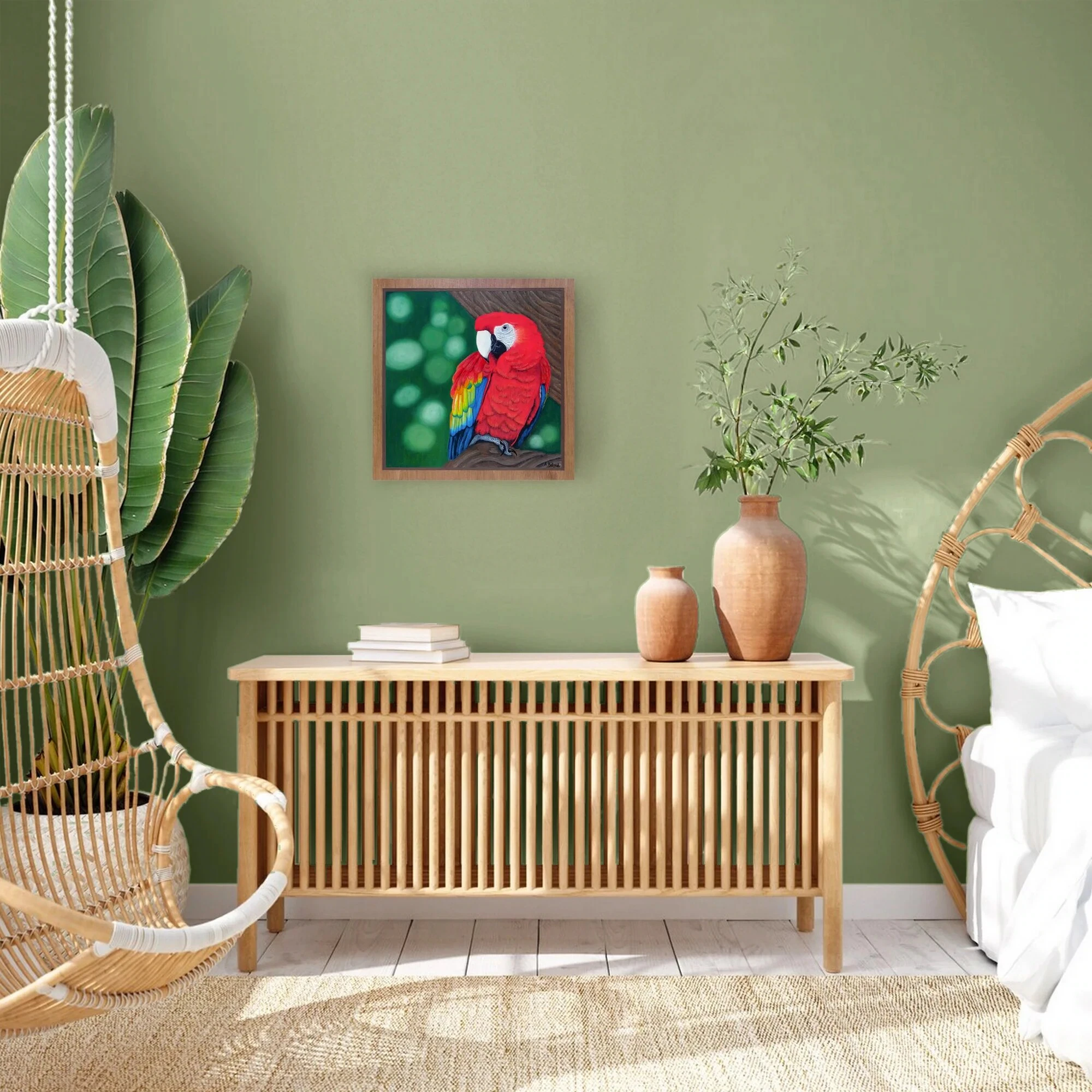 Décoration tropicale et exotique avec un Tableau d'un perroquet ara macao.