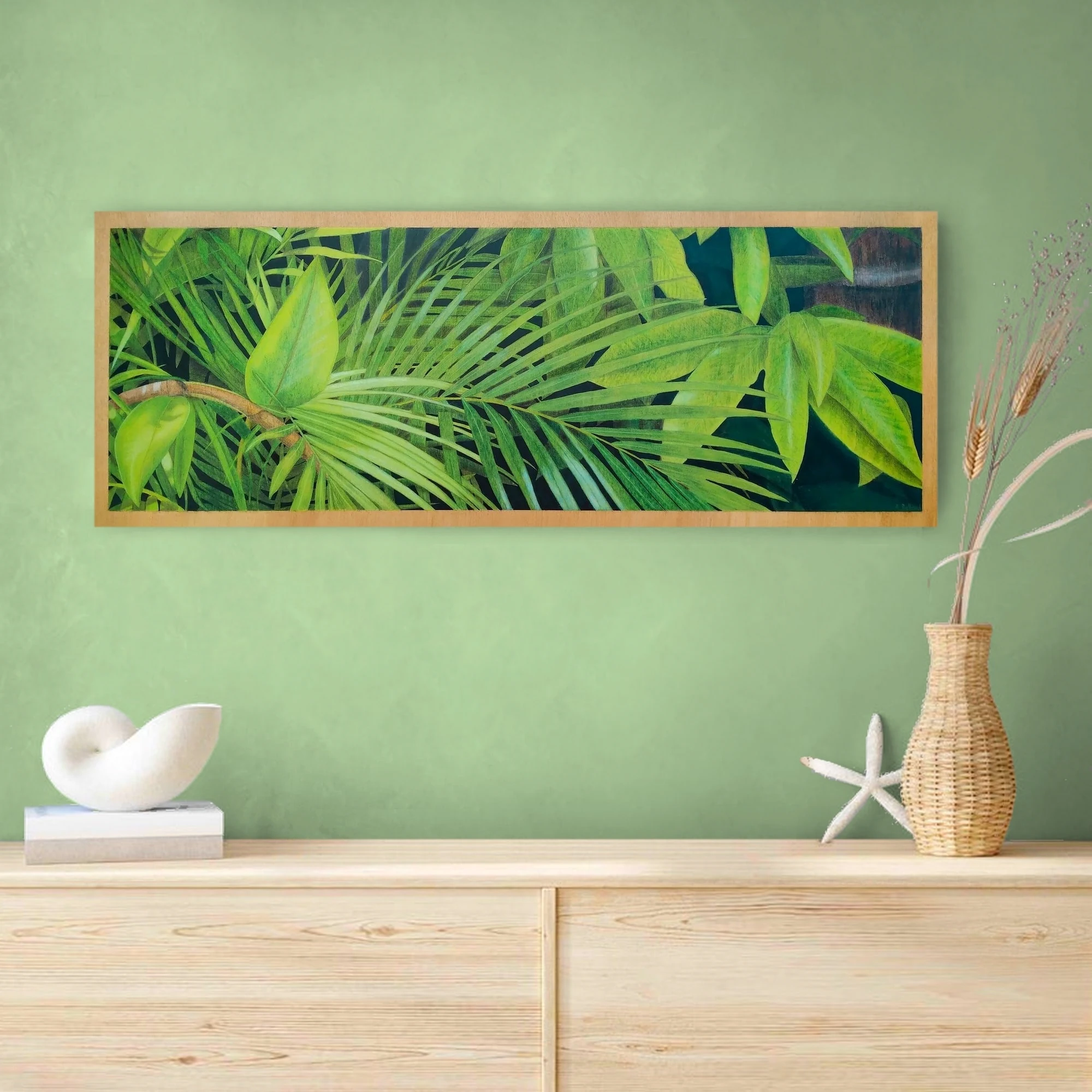 Grand tableau plantes tropicales nature mauricienne peinture acrylique et pastels 30x80 cm aline belliard artiste