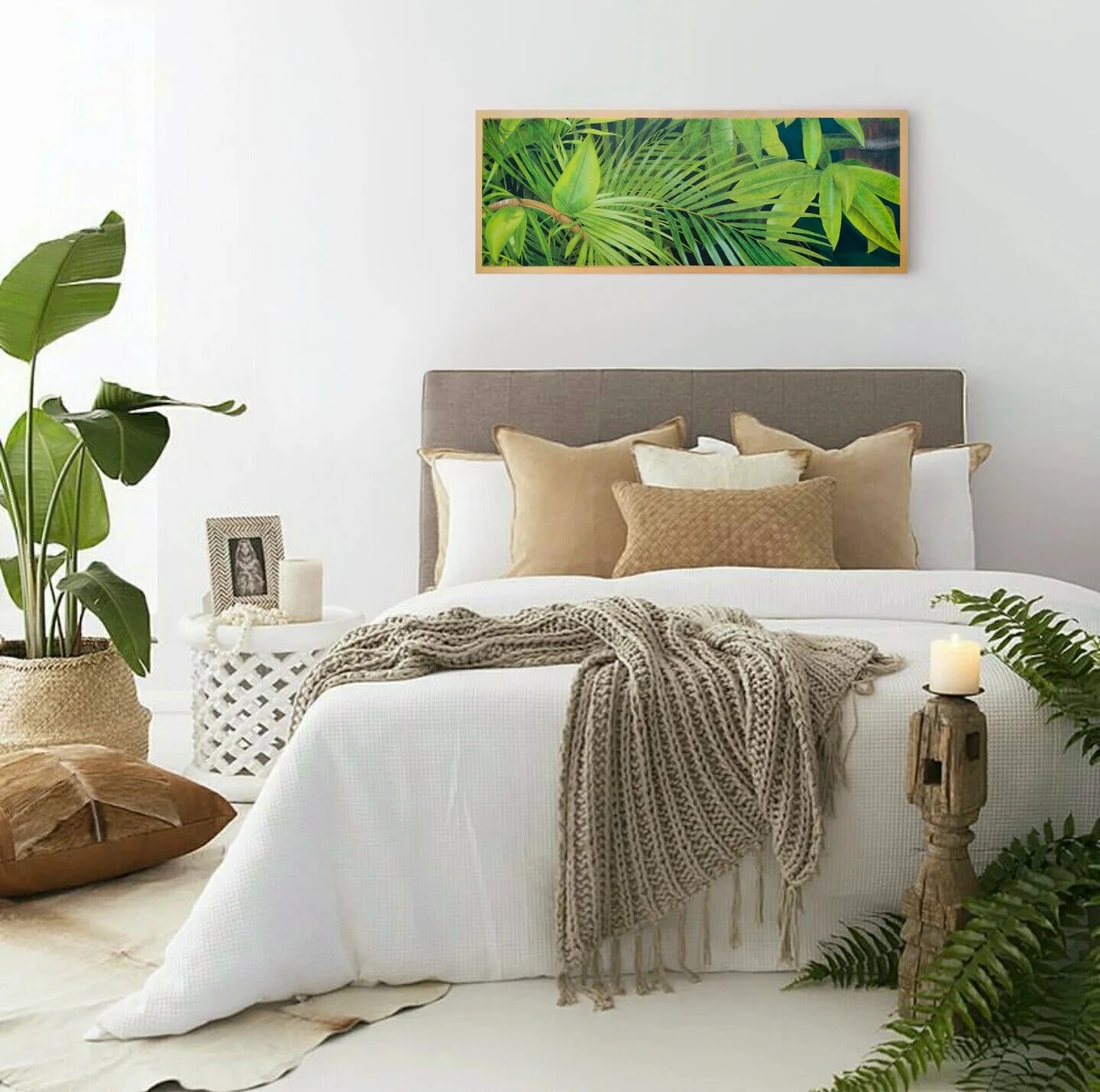 Décoration style tropicale et exotique avec un Grand tableau de plantes tropicales, végétation de l'île Maurice.