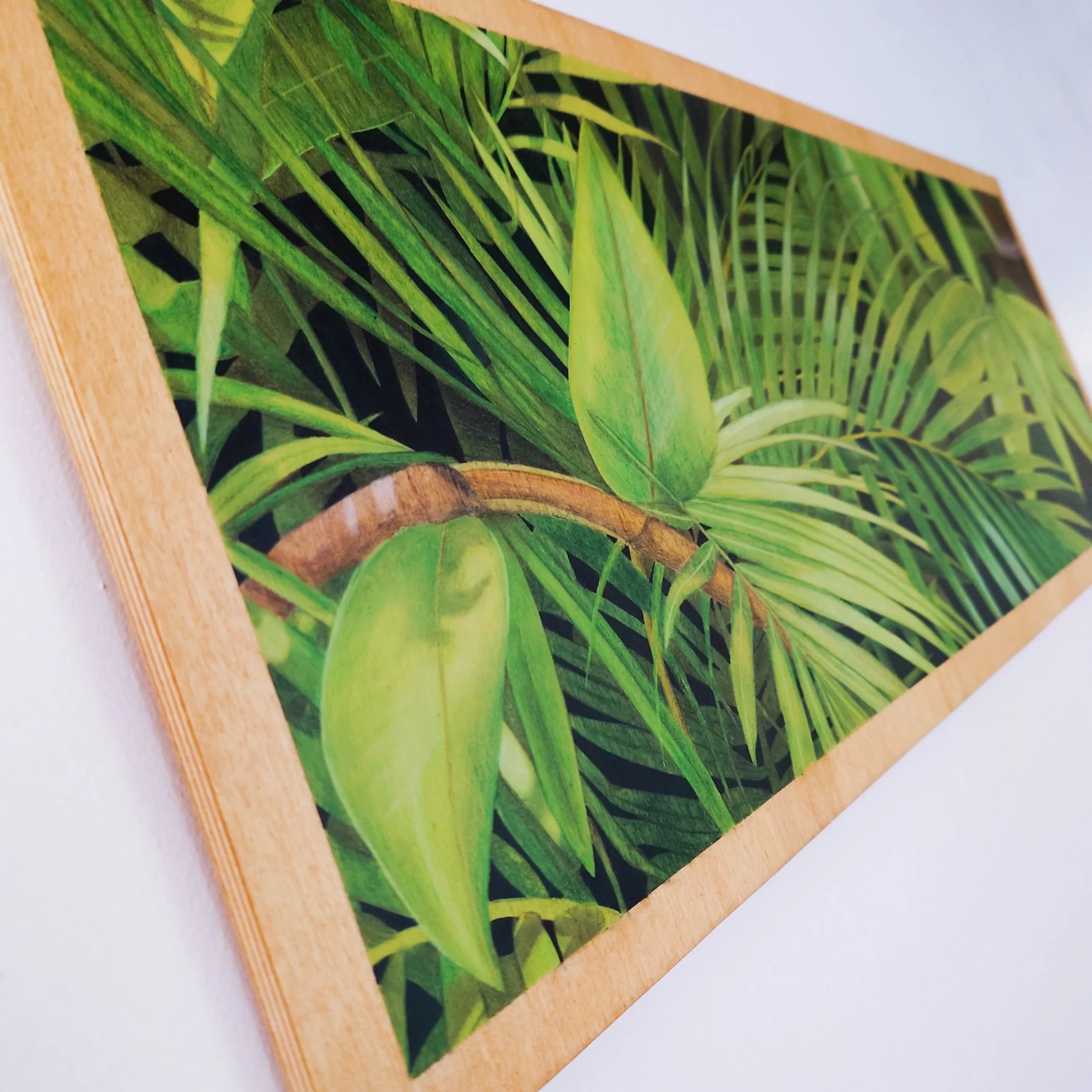 Peinture acrylique et pastels feuilles tropicales vertes par Aline Belliard