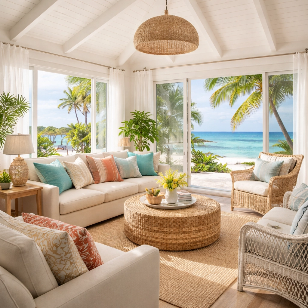 Salon lumineux de style bord de mer dans une maison tropicale, avec canapé clair, mobilier en fibres naturelles, quelques plantes et grandes baies vitrées ouvertes sur l’océan turquoise et les palmiers.