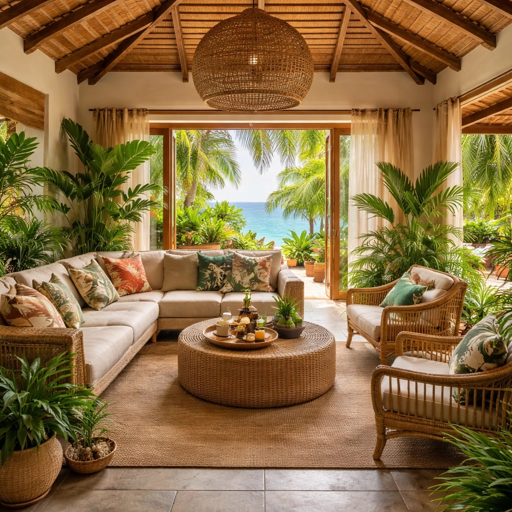 Salon tropical lumineux dans une maison des îles avec meubles en rotin, plantes tropicales et vue sur l’océan, ambiance naturelle et chaleureuse inspirée des paysages tropicaux.