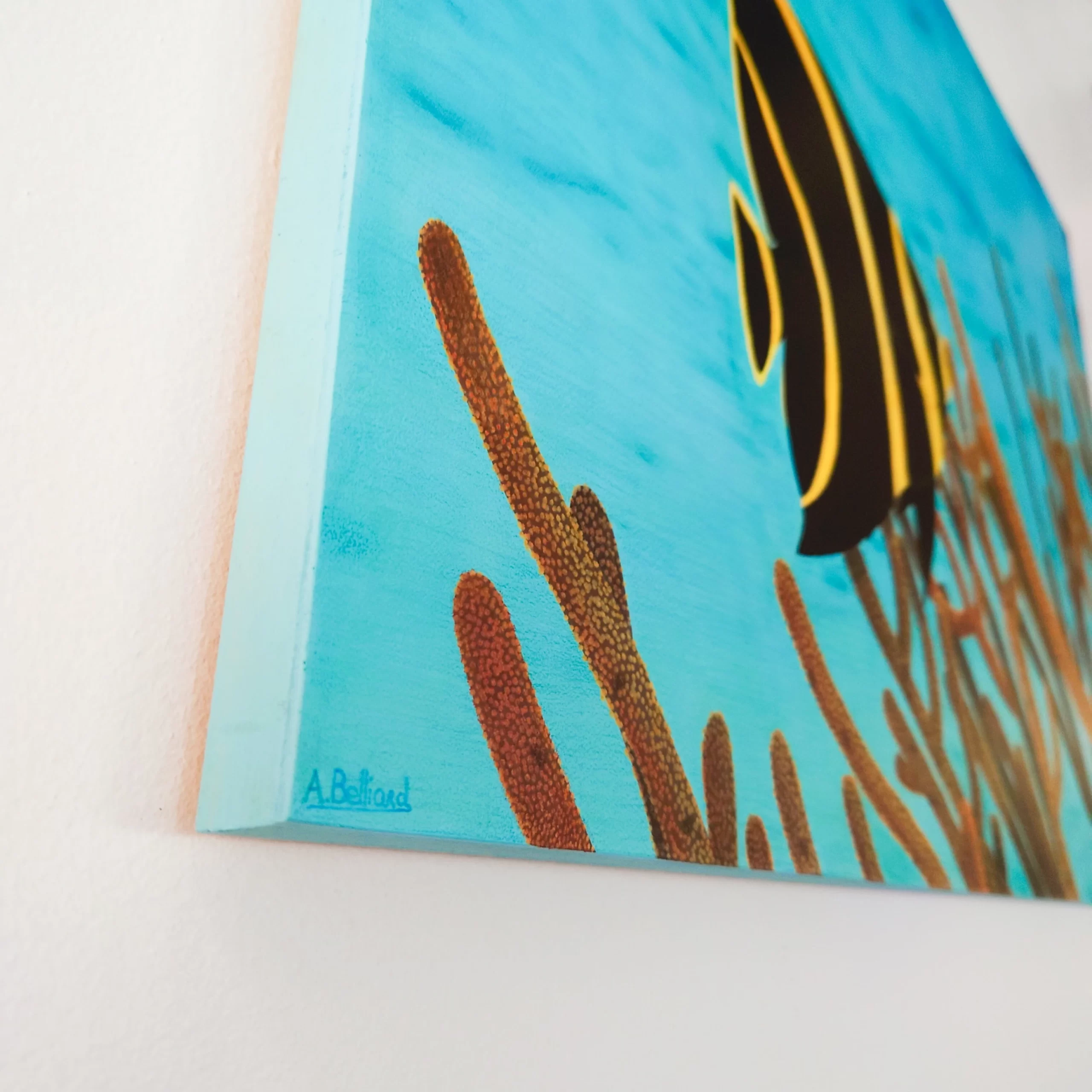 Peinture acrylique et pastels poisson ange et coraux océan bleu par Aline Belliard