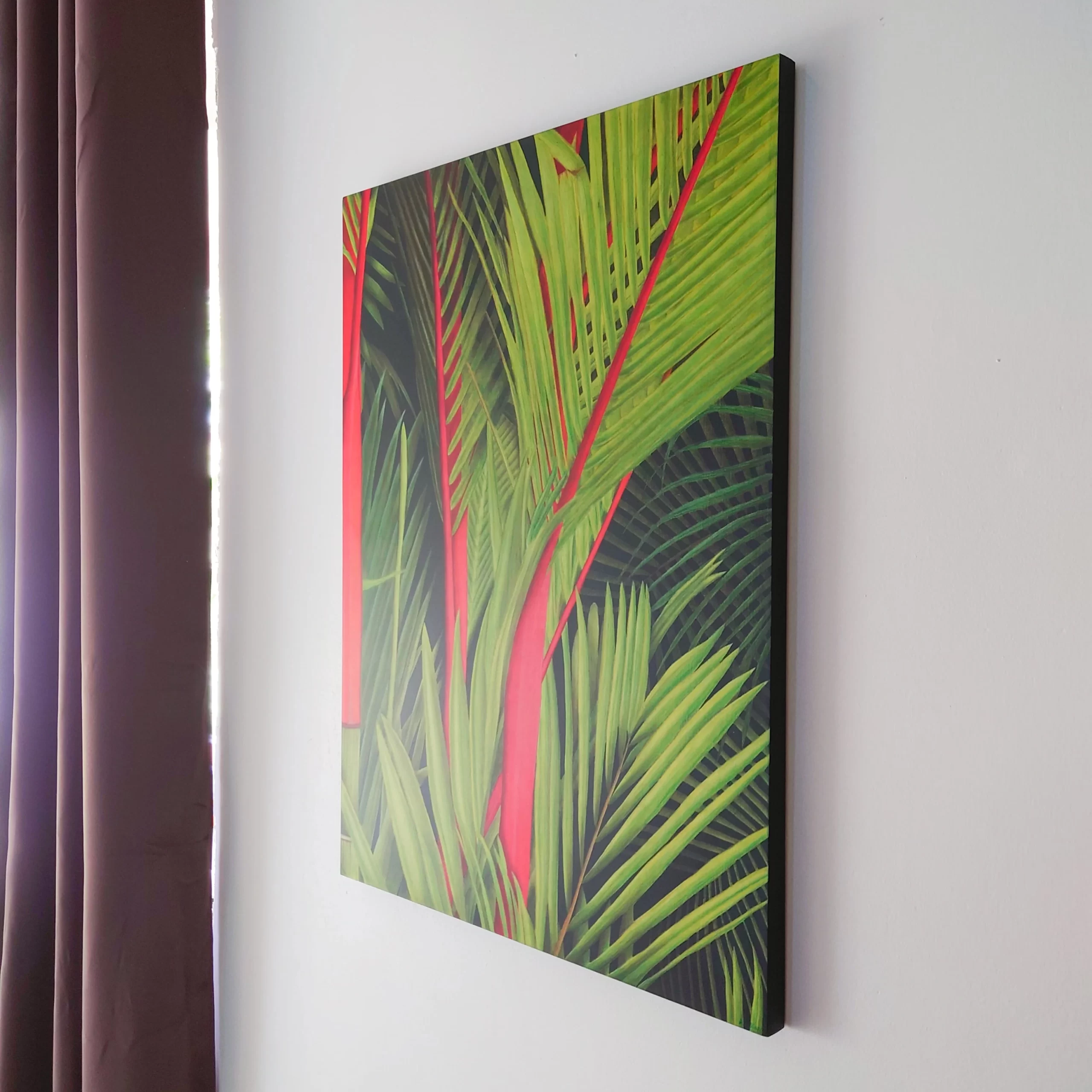 Peinture acrylique et pastels plantes tropicales palmiers rouges et verts par Aline Belliard