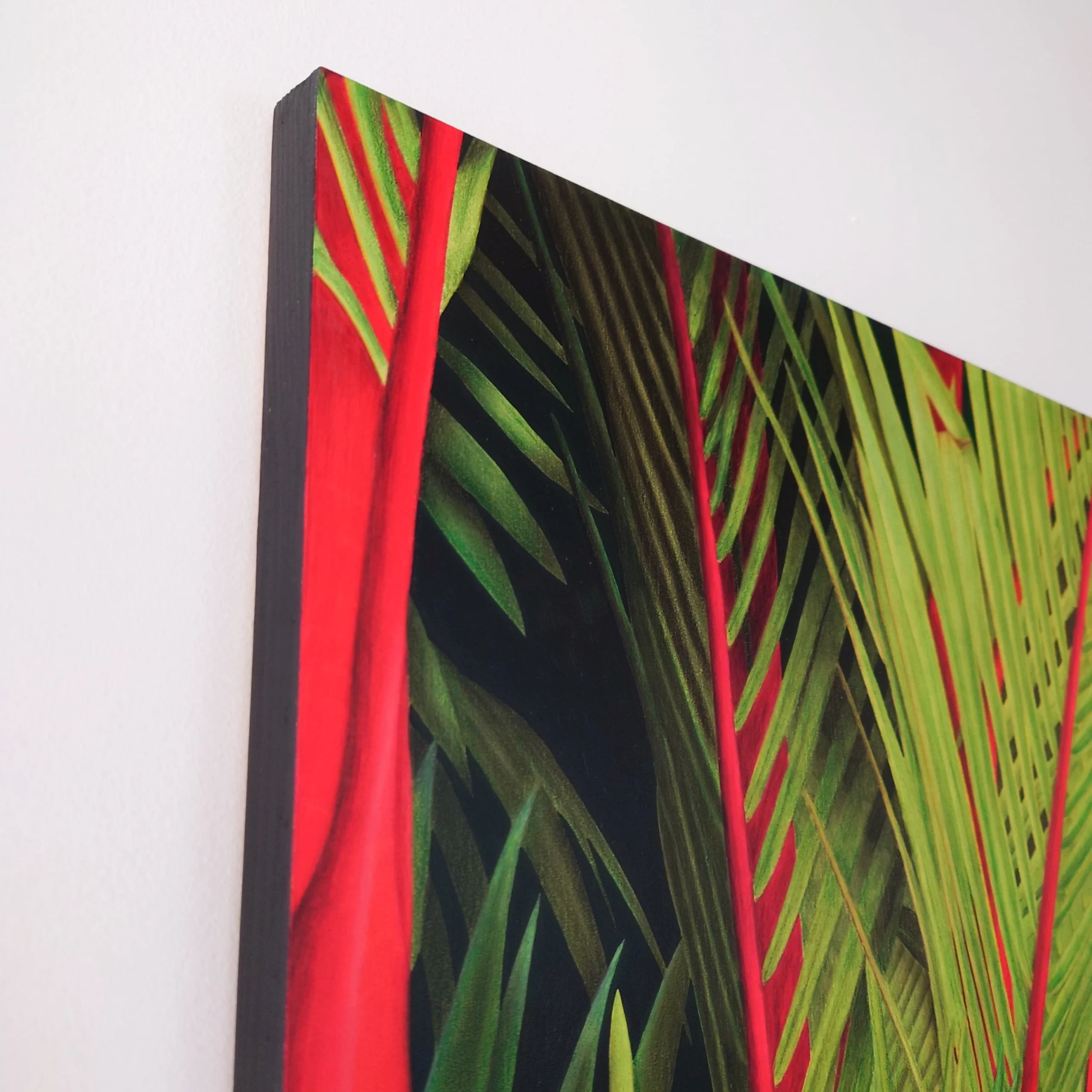 Peinture acrylique et pastels tropical plantes palmiers rouges et verts par Aline Belliard