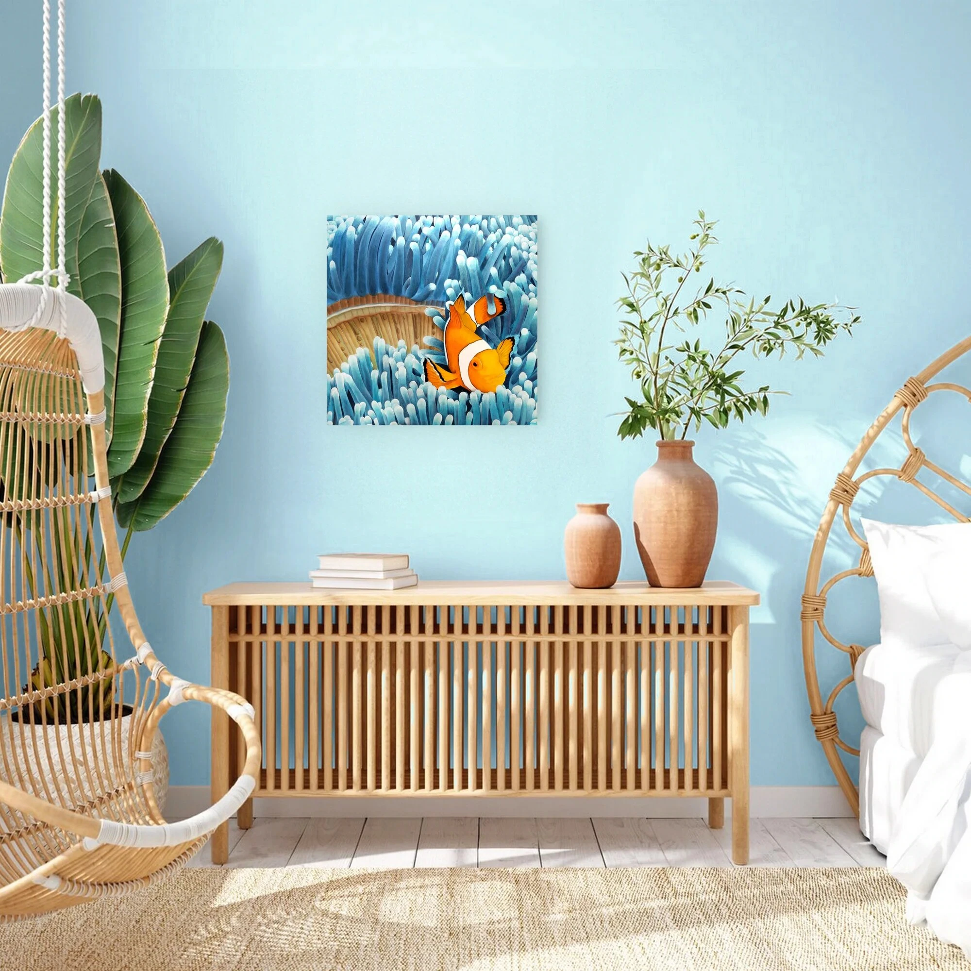 Décoration style tropicale et exotique avec un Tableau d'un poisson-clown dans les anémones bleu.