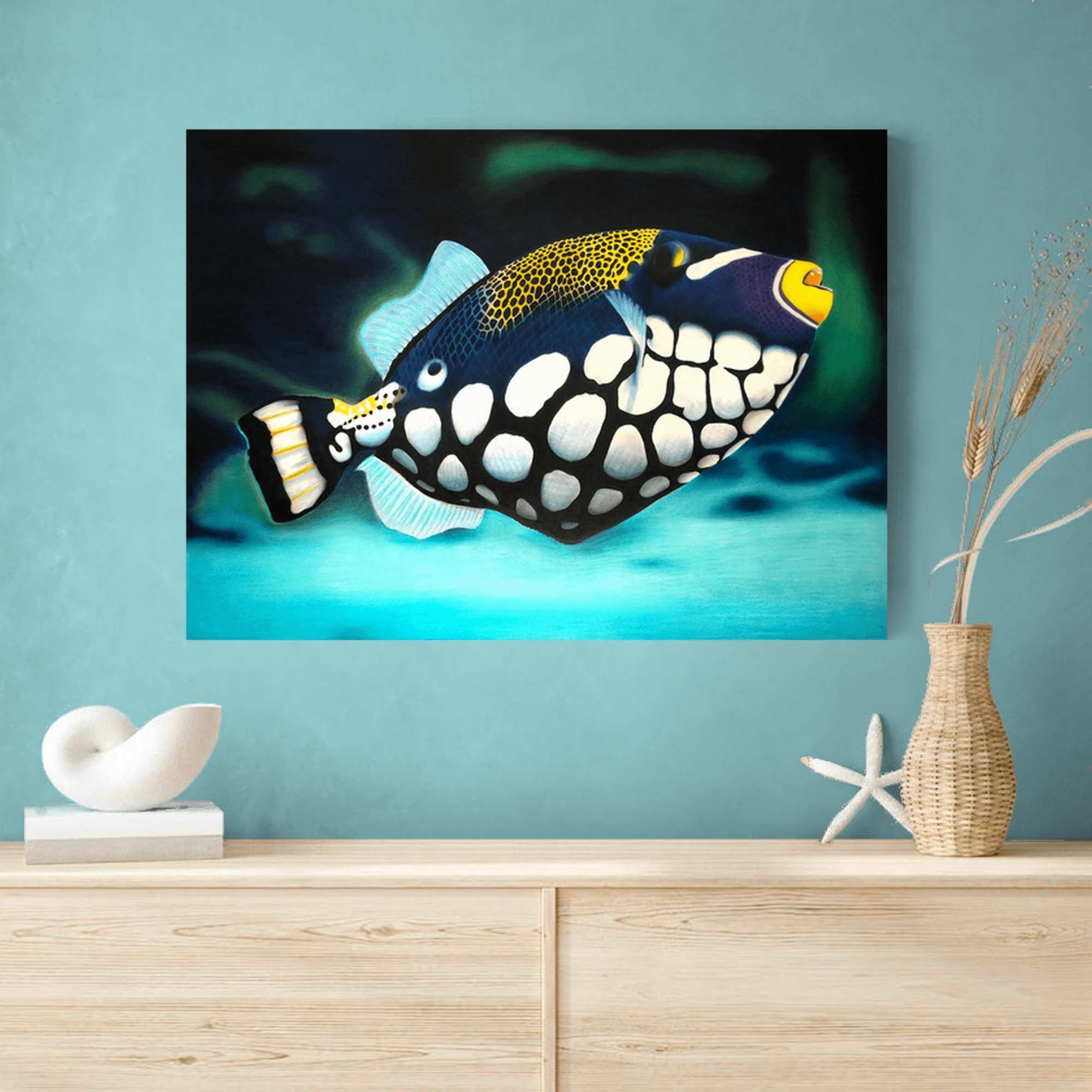 grand tableau d'art mural tropical et exotique d'un poisson exotique baliste clown dans l'océan