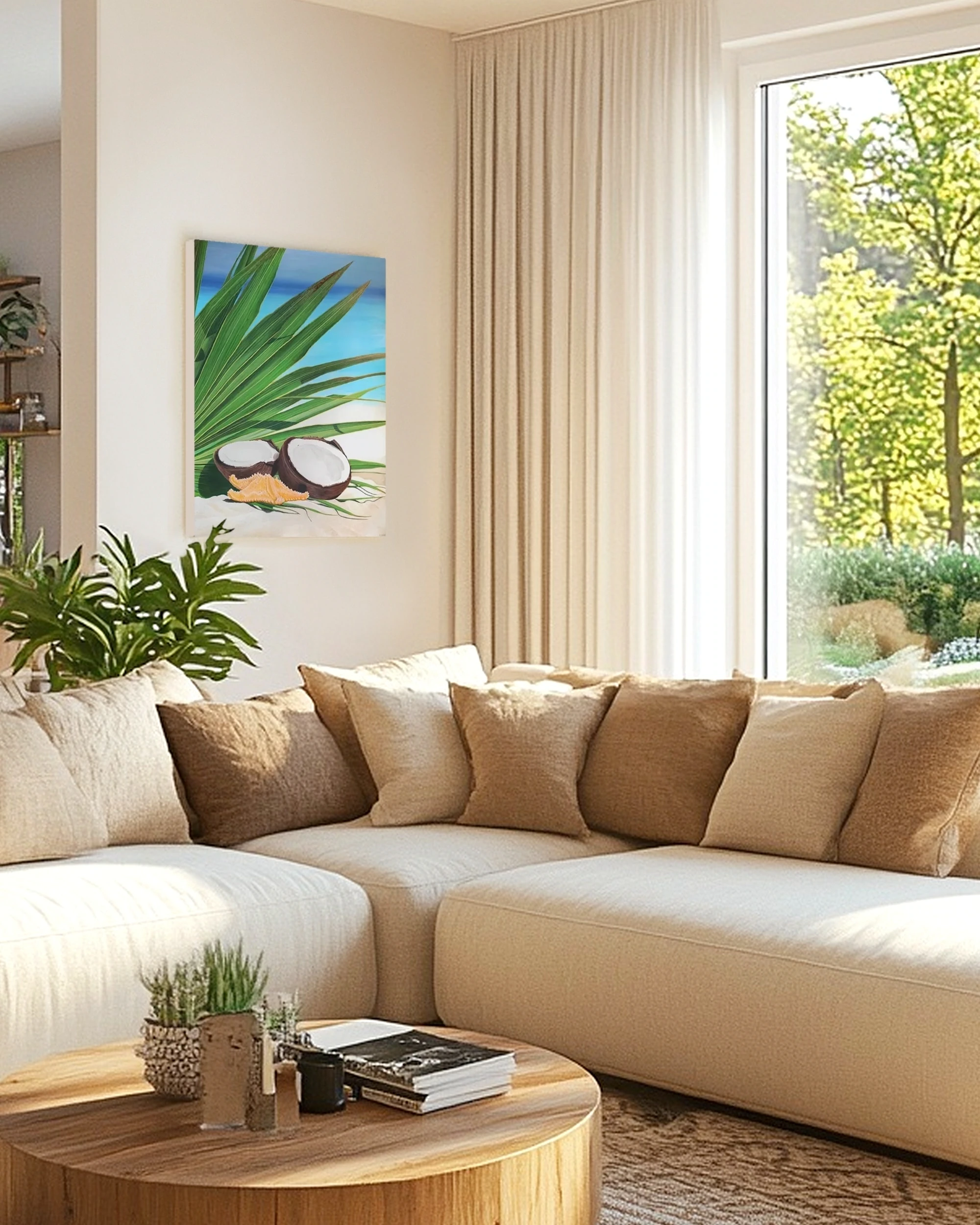 Tableau en peinture d'une noix de coco, étoile de mer et feuille de palmiers sur la plage accroché dans un salon pour une décoration bord de mer tropical exotique