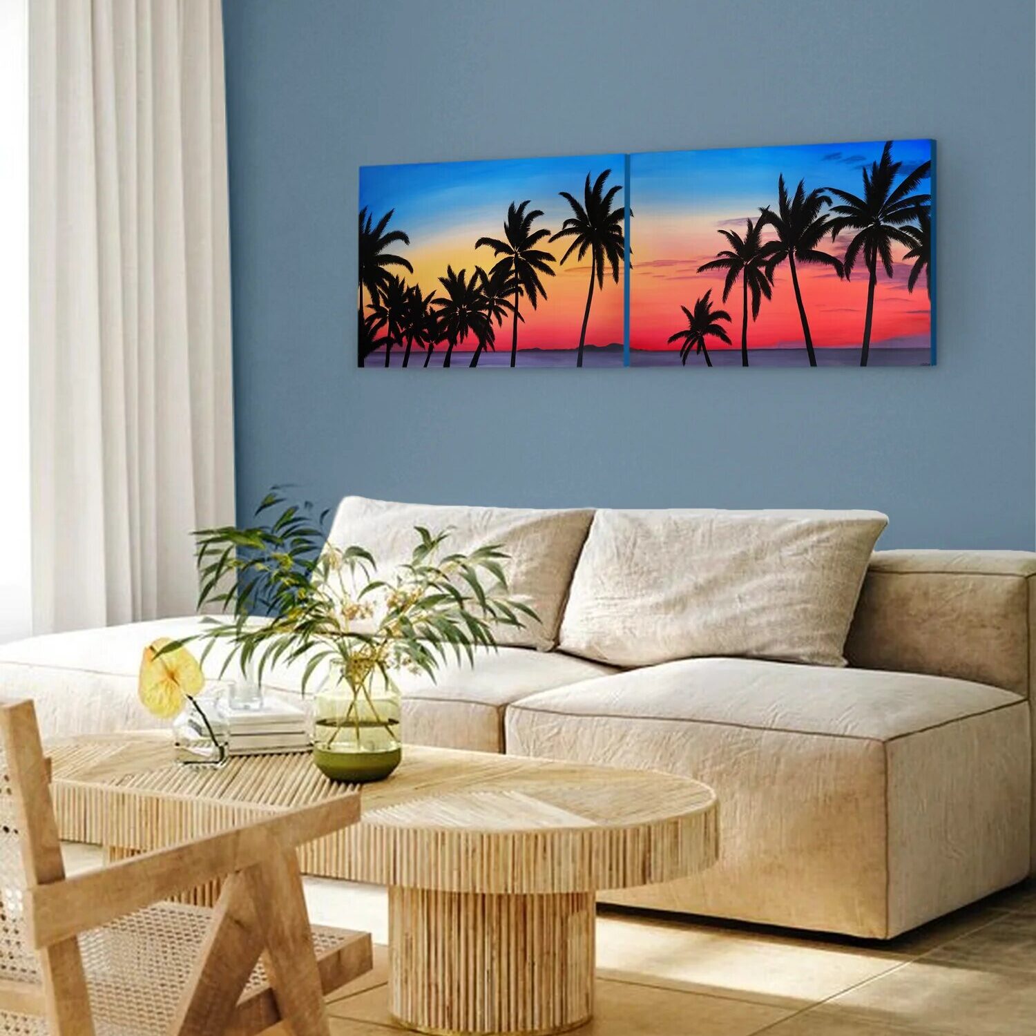 Décoration tropicale et exotique avec un Grand tableau d'un coucher de soleil avec des palmiers.