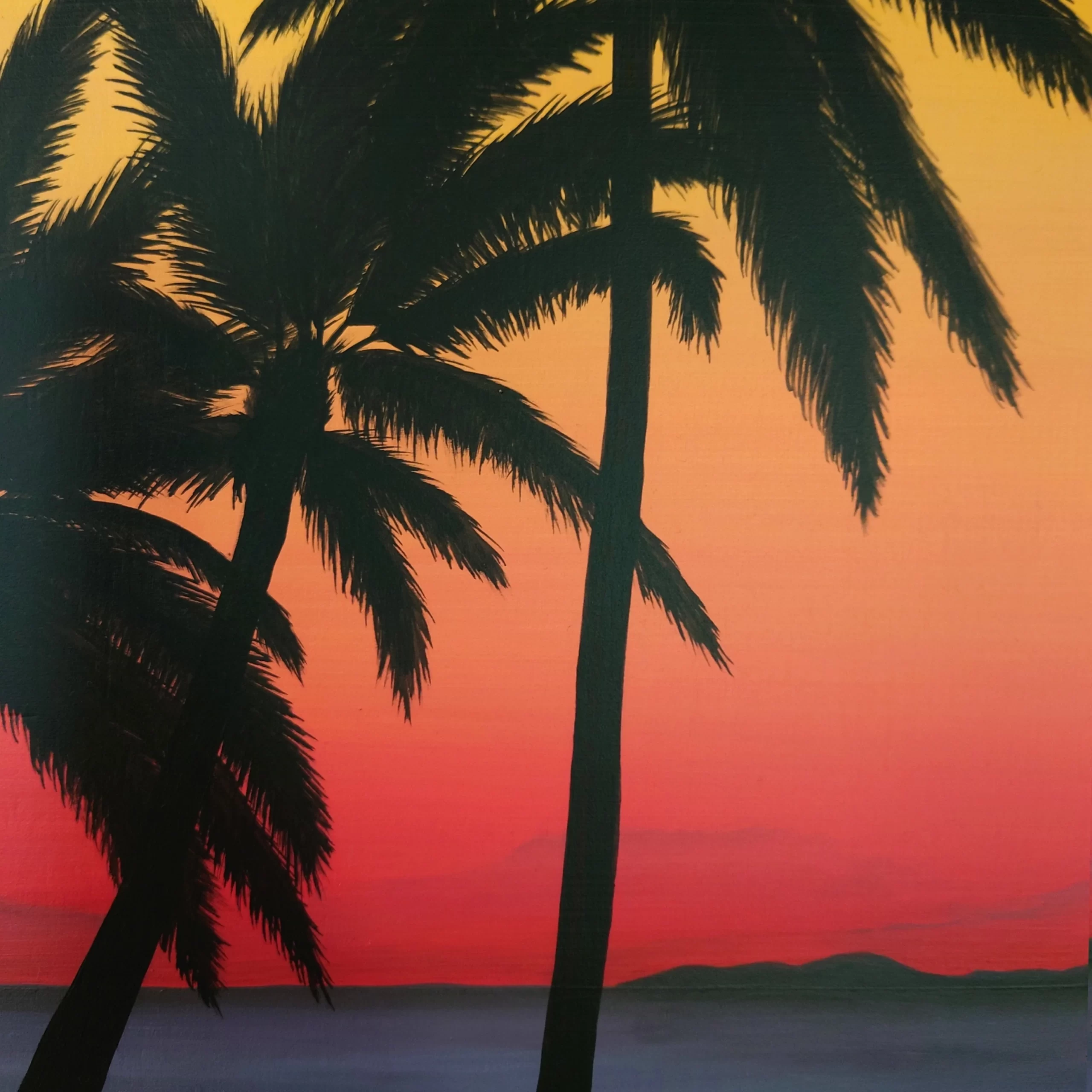 Grande peinture acrylique d'un coucher de soleil avec des palmiers devant la mer par Aline Belliard