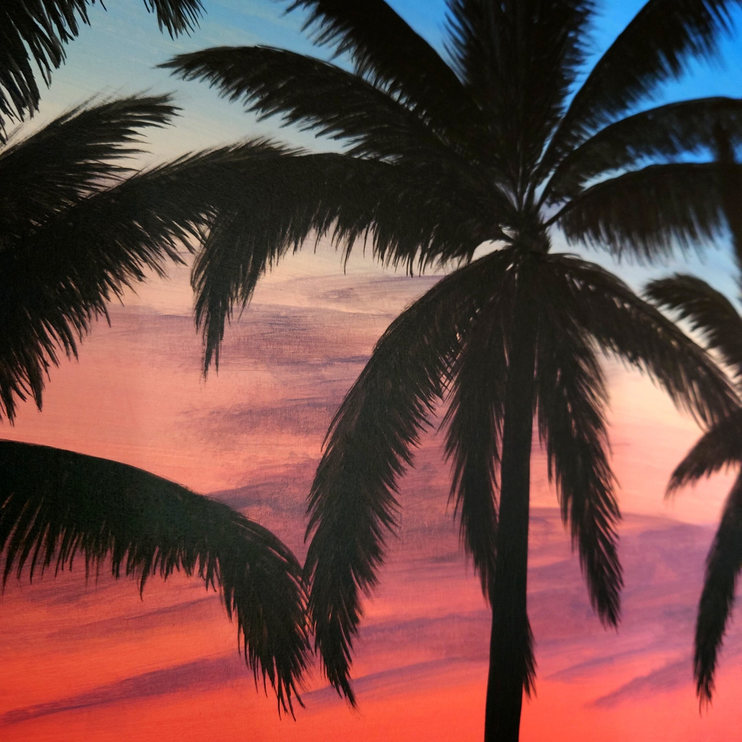 Grande peinture acrylique d'un coucher de soleil avec des palmiers et la mer par Aline Belliard