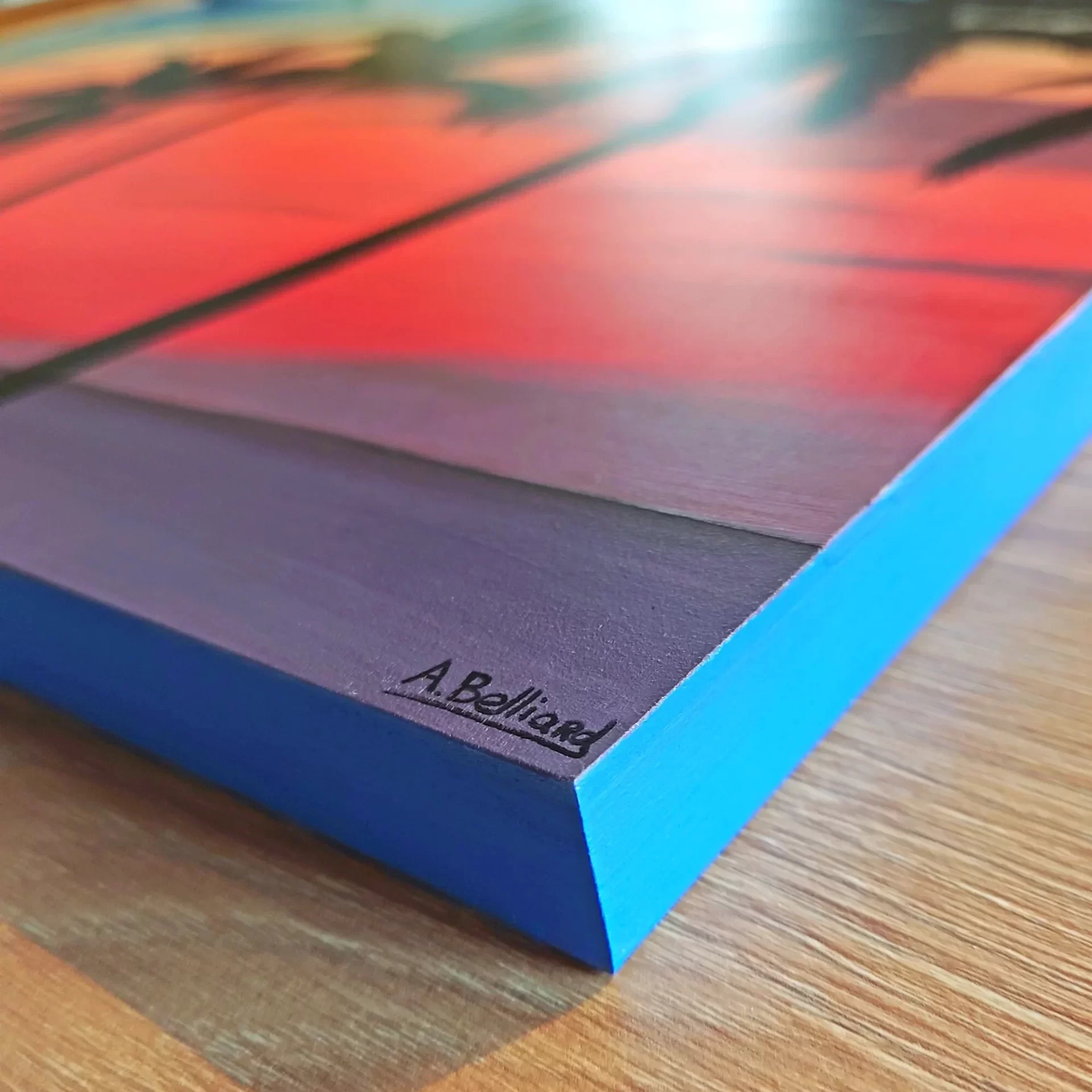 peinture acrylique coucher de soleil et palmiers sur bois par aline belliard