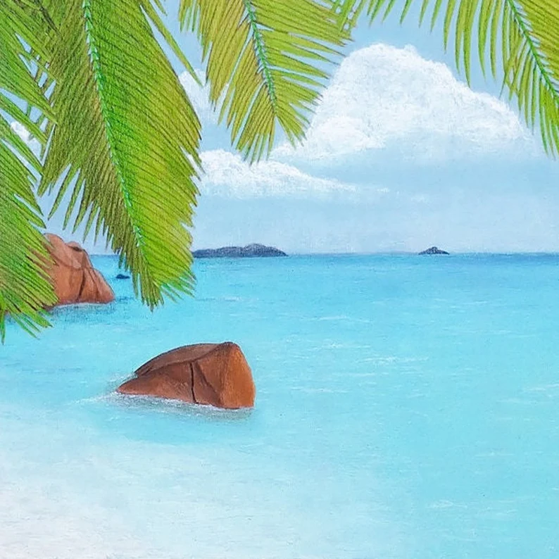 plage sauvage exotique et palmiers peinture acrylique et pastel