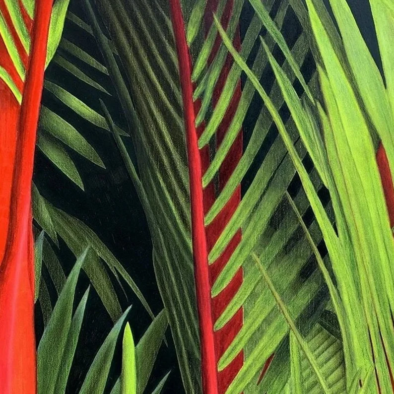 plantes tropicales palmiers rouges en peinture acrylique et pastels