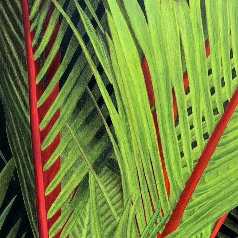 plantes tropicales palmiers rouges peinture acrylique et pastel
