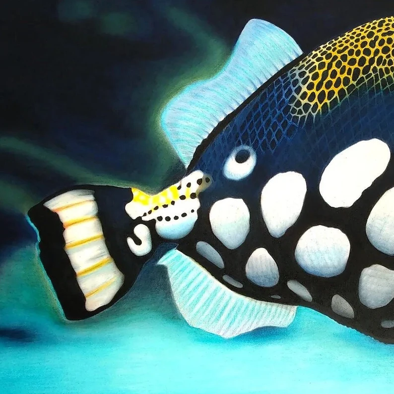 poisson exotique baliste clown dans l'océan peinture acrylique et pastel