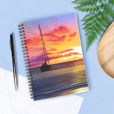 Cahier à spirale, carnet, bloc-notes tropical exotique, Coucher de soleil sur la mer de tahiti