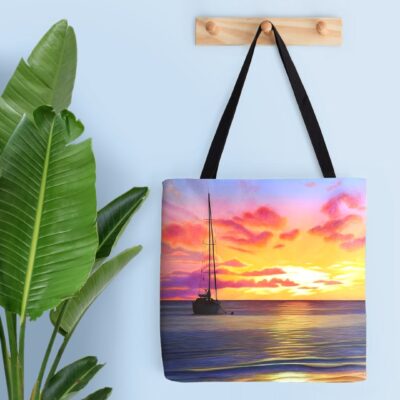 Sac de plage, tote bag, tropical exotique, Coucher de soleil sur la mer de tahiti