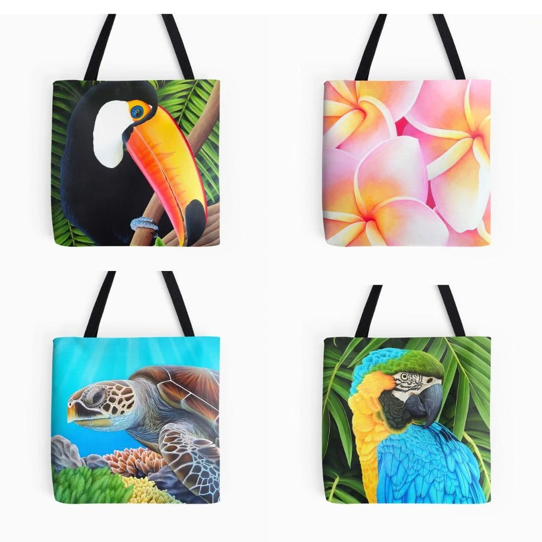 Sac de plage, tote bag, tropical exotique, Oiseau perroquet ara, toucan, fleur plumeria frangipanier, tortue de mer