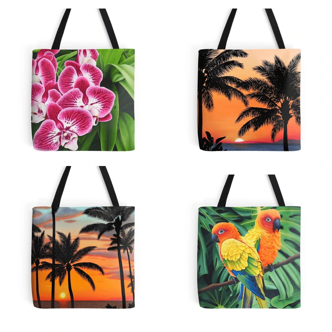 Sac de plage, tote bag, tropical exotique, fleurs d'orchidée roses, coucher de soleil sur la plage, oiseau perroquet conures soleil