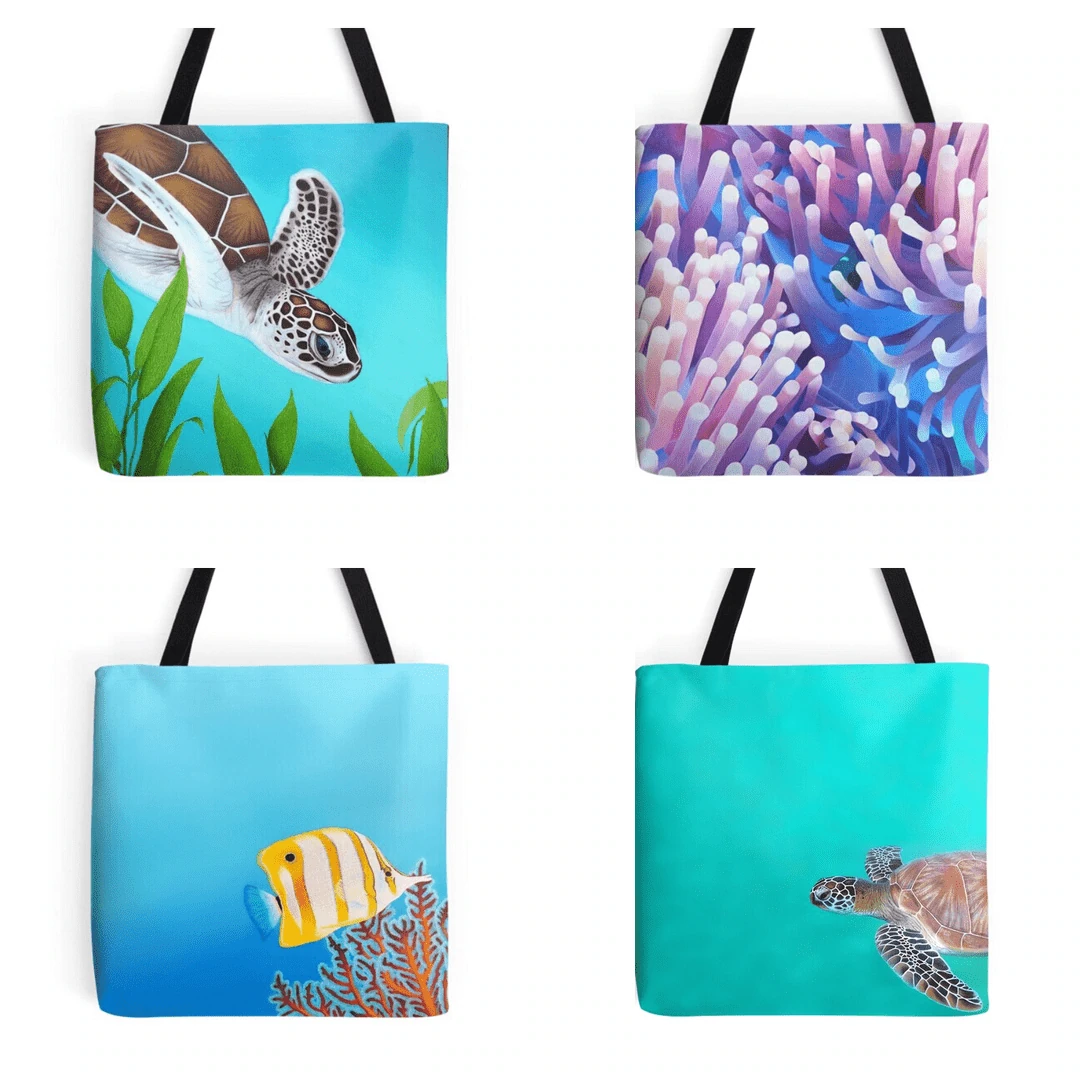 Sac de plage, tote bag, tropical exotique, tortue de mer, anémones de mer, poissons