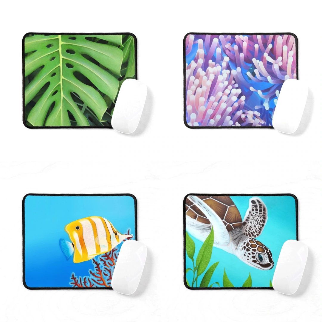 Tapis de souris tropical exotique, anémones de mer,toucan, poisson papillon, tortue de mer