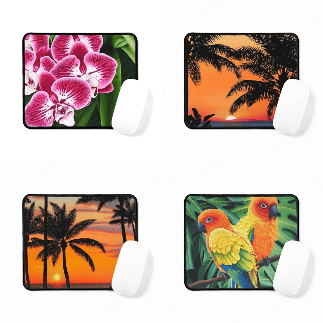 Tapis de souris tropical exotique, fleurs d'orchidée roses, coucher de soleil sur la plage, oiseau perroquet conures soleil