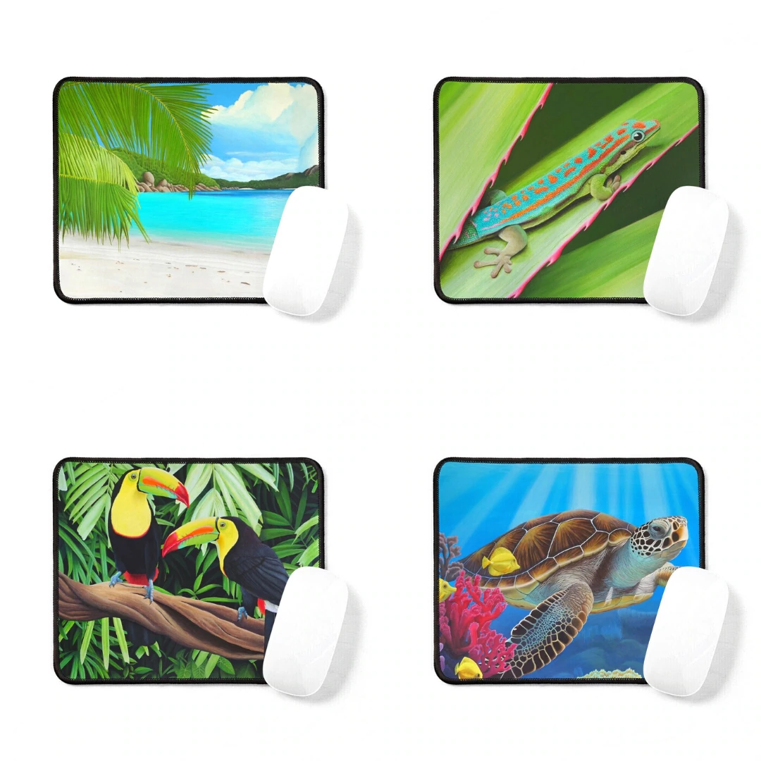 Tapis de souris tropical exotique, plage et palmiers, lézard gecko, toucans,tortue de mer et poissons