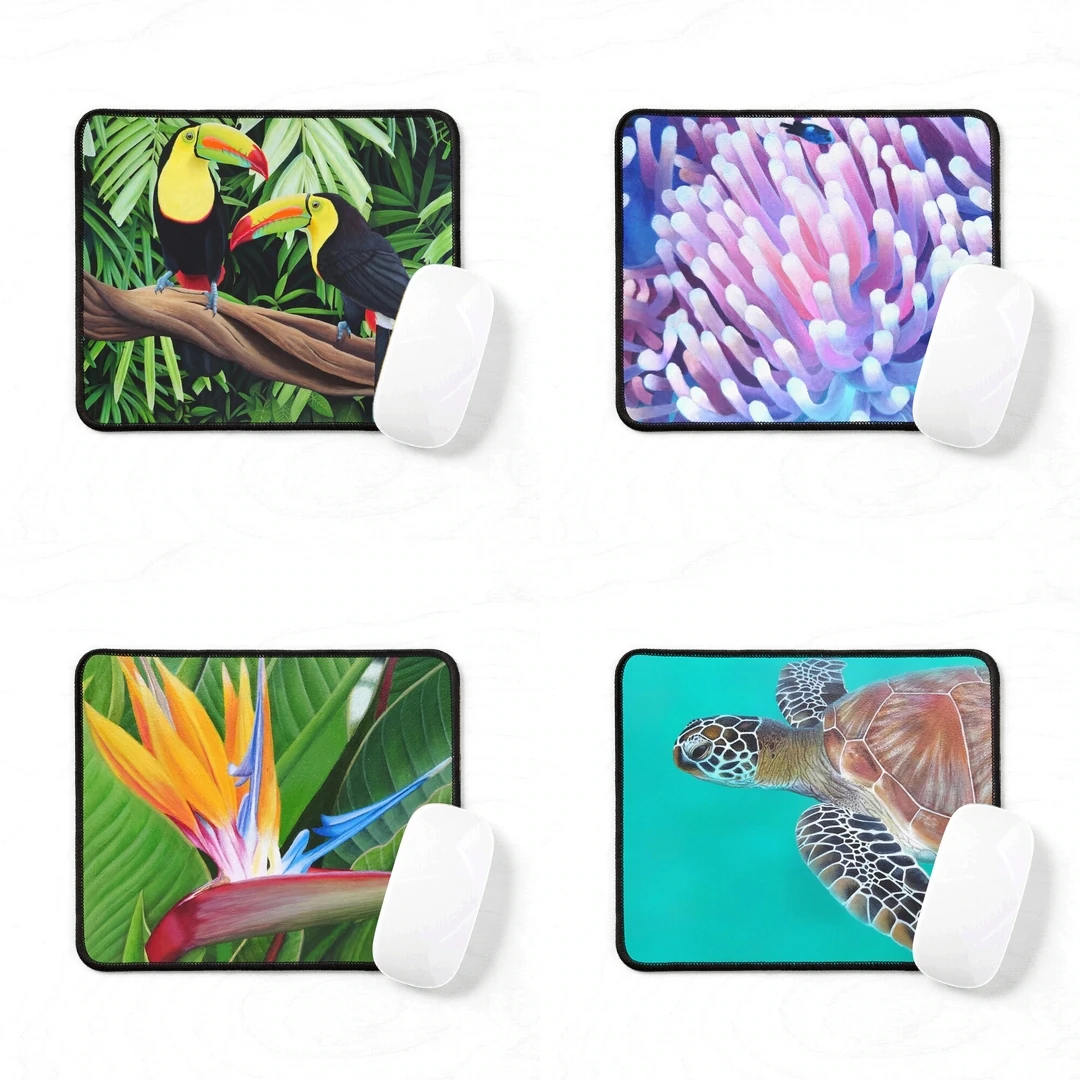 tapis de souris tropical exotique, Oiseaux Toucans, anémones, fleur strelitzia, tortue de mer-min