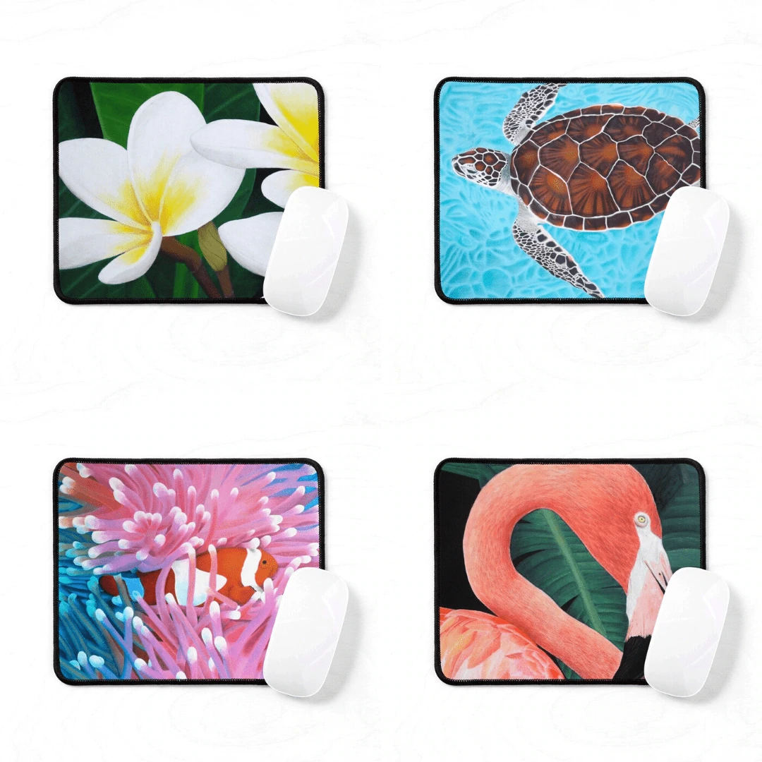tapis de souris tropical exotique, fleurs plumeria frangipanier,poisson clown, flamant rose, tortue de mer