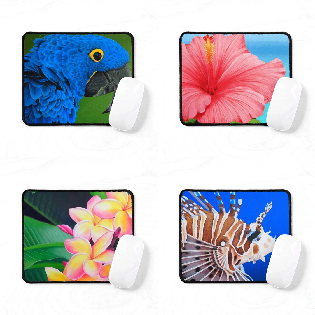 tapis de souris tropical exotique, perroquet ara bleu, fleur hibiscus, poisson rascasse volante,fleurs frangipanier plumeria