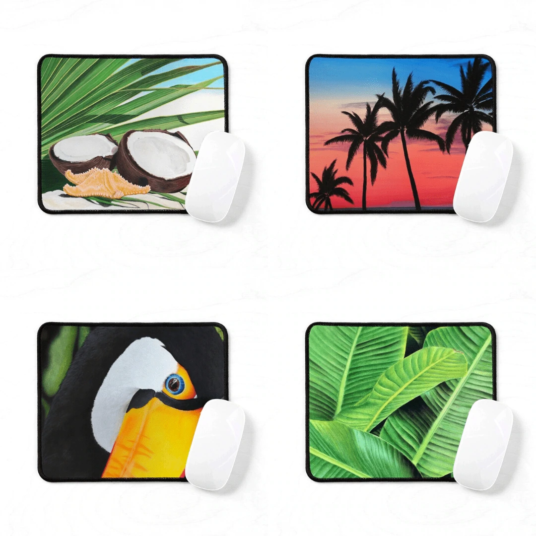 tapis de souris tropical exotique, plage palmier, coucher de soleil, oiseau toucan, feuillage bananier