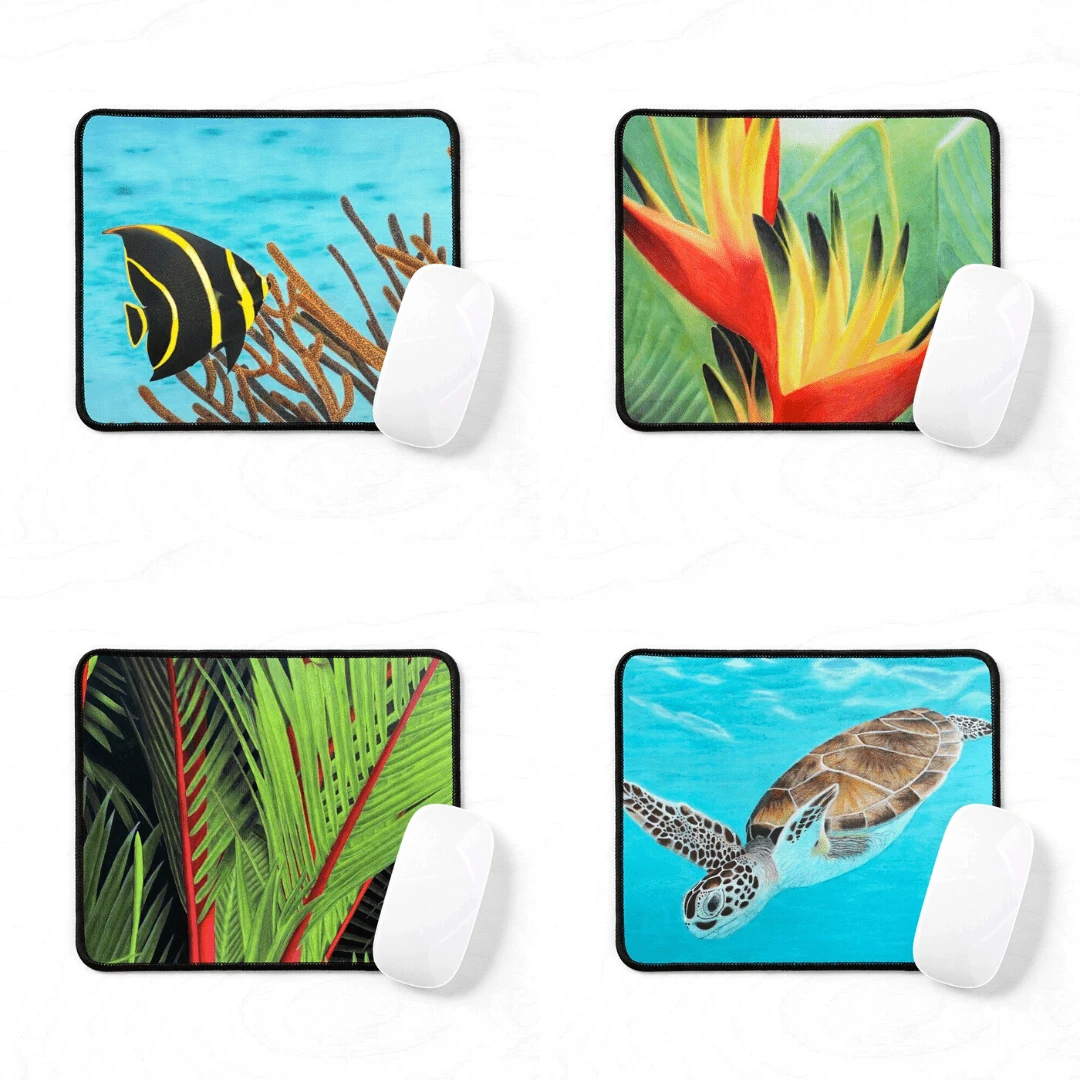 tapis de souris tropical exotique, poisson ange, fleur heliconia, palmiers rouge, tortue de mer