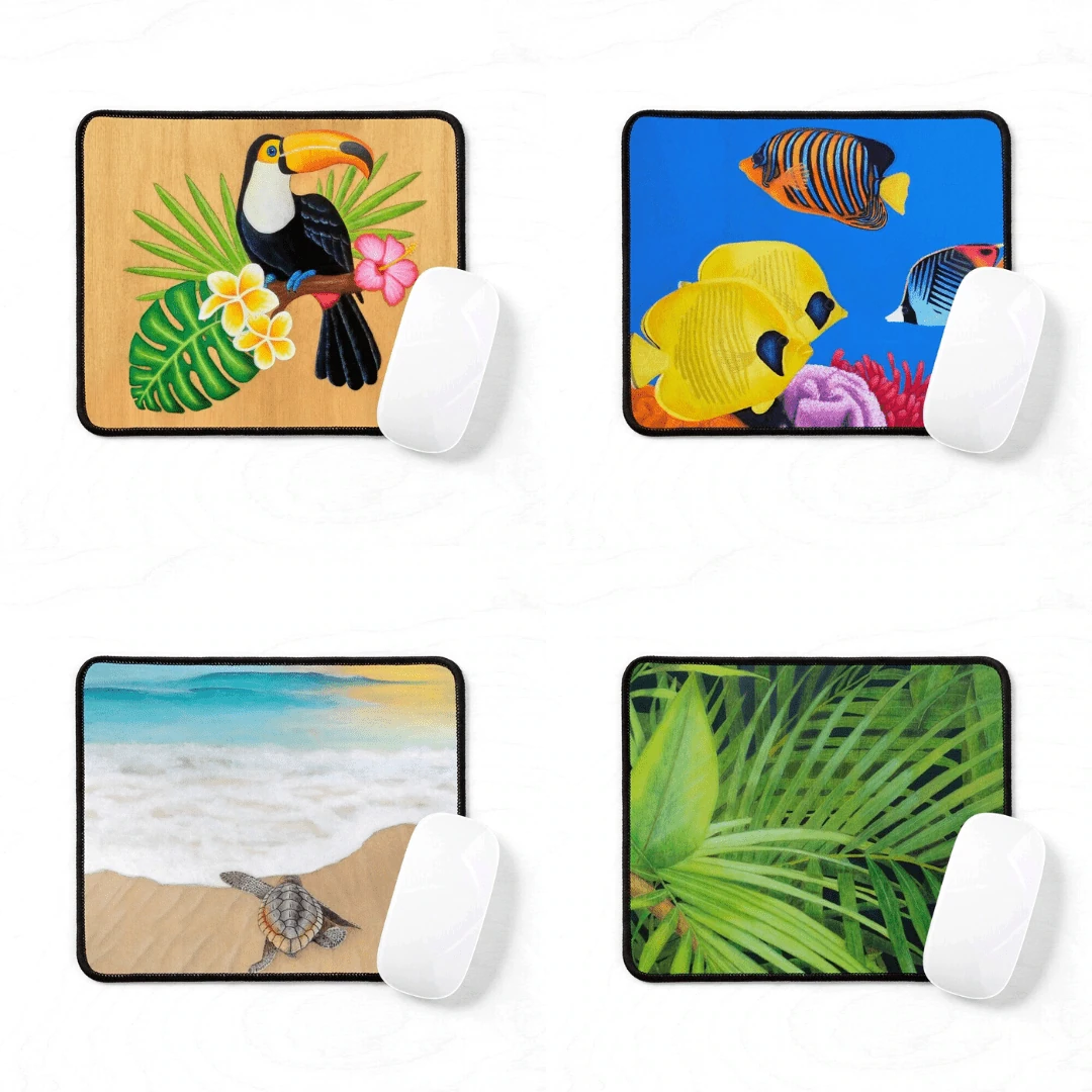 tapis de souris tropical exotique, toucan, poisson, tortue de mer, feuillage plante