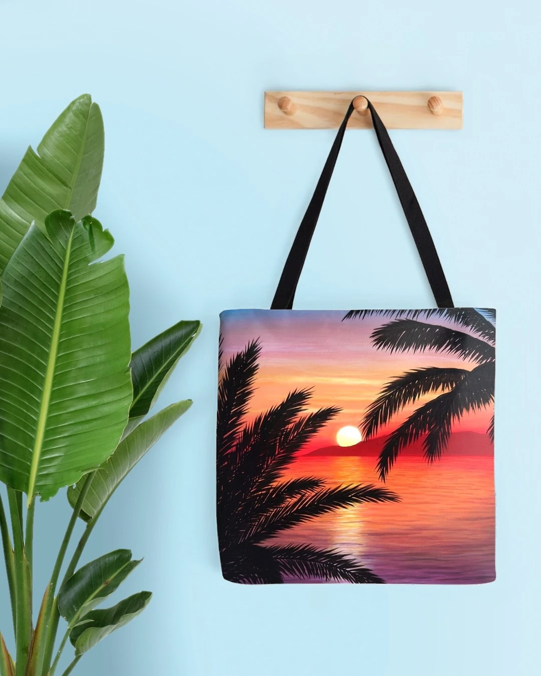 Sac de plage, tote bag, tropical exotique, coucher de soleil et feuillage de palmiers Souvenir des îles
