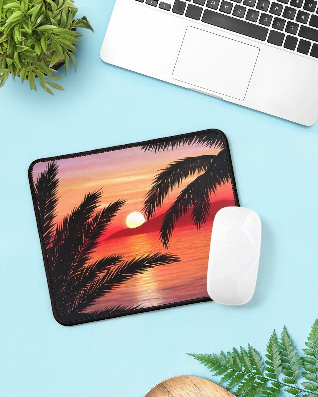Tapis de souris tropical exotique, coucher de soleil et feuillage de palmiers Souvenir des îles