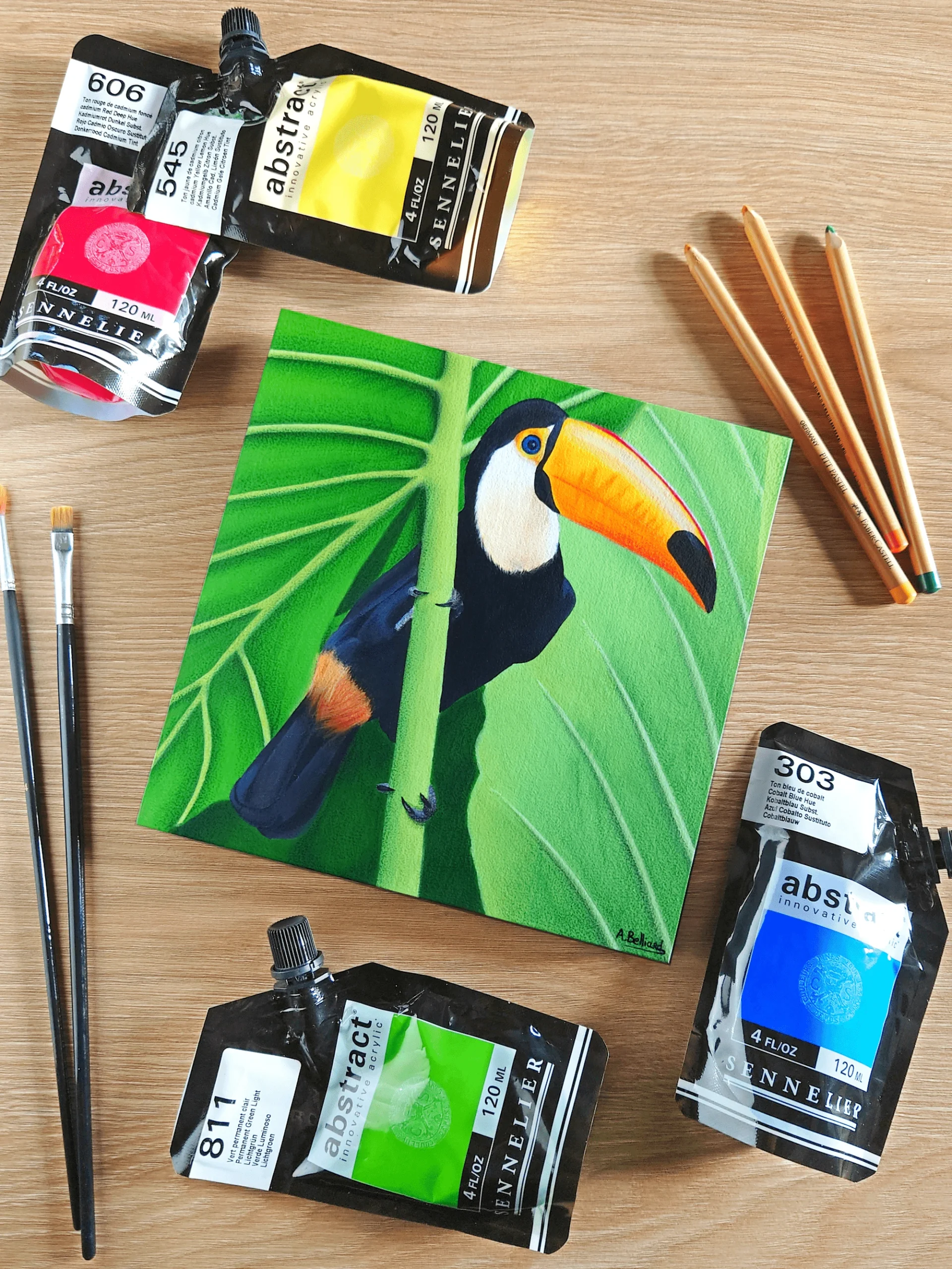 Peinture acrylique et pastels, oiseau troucan et plantes tropicales, sur bois naturel monté sur châssis par Aline Belliard