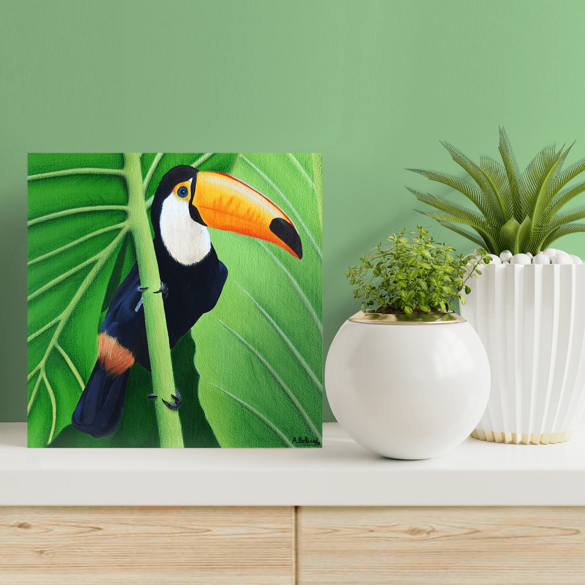 Petit tableau décoratif oiseau tropical toucan peinture et pastel