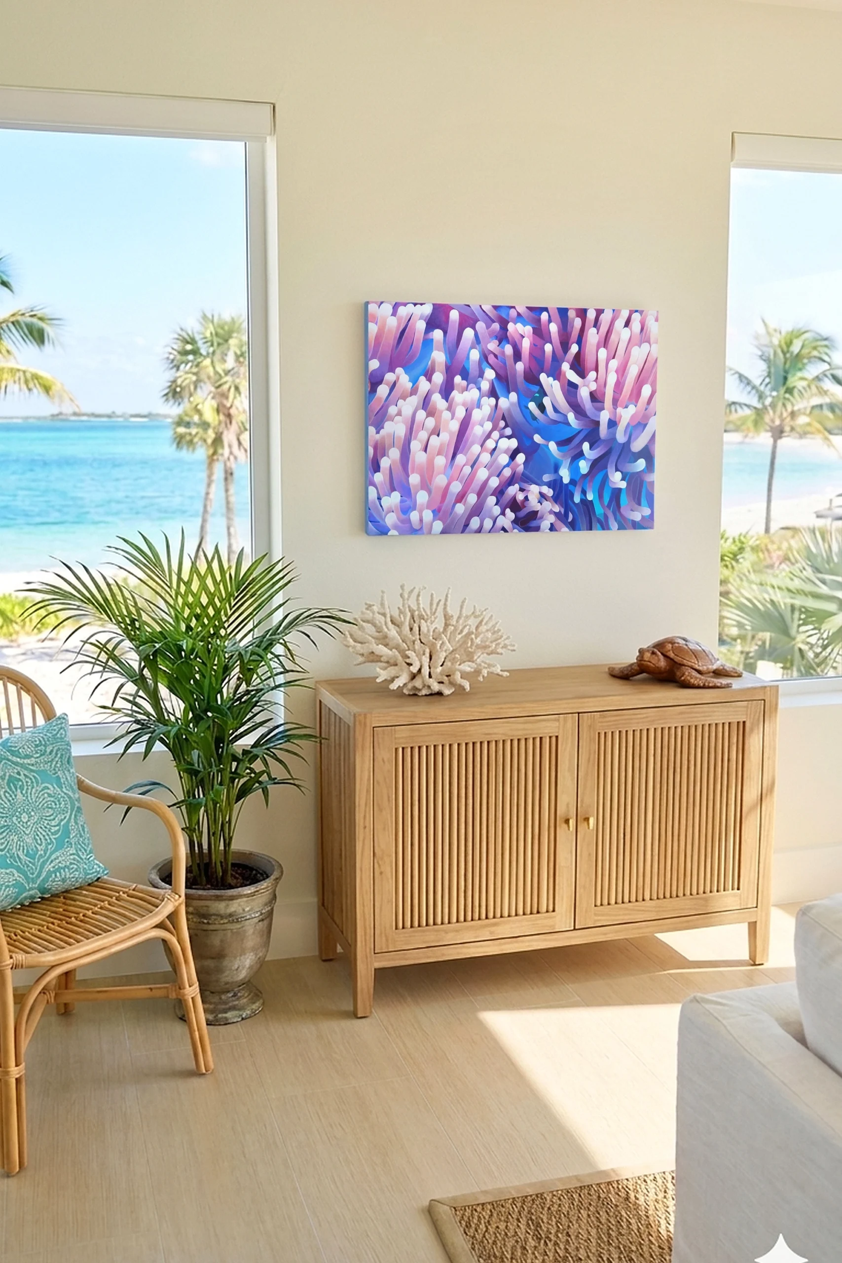 Peinture d’anémones de mer colorées accrochée dans un salon lumineux avec vue sur l’océan dans une décoration bord de mer tropicale.