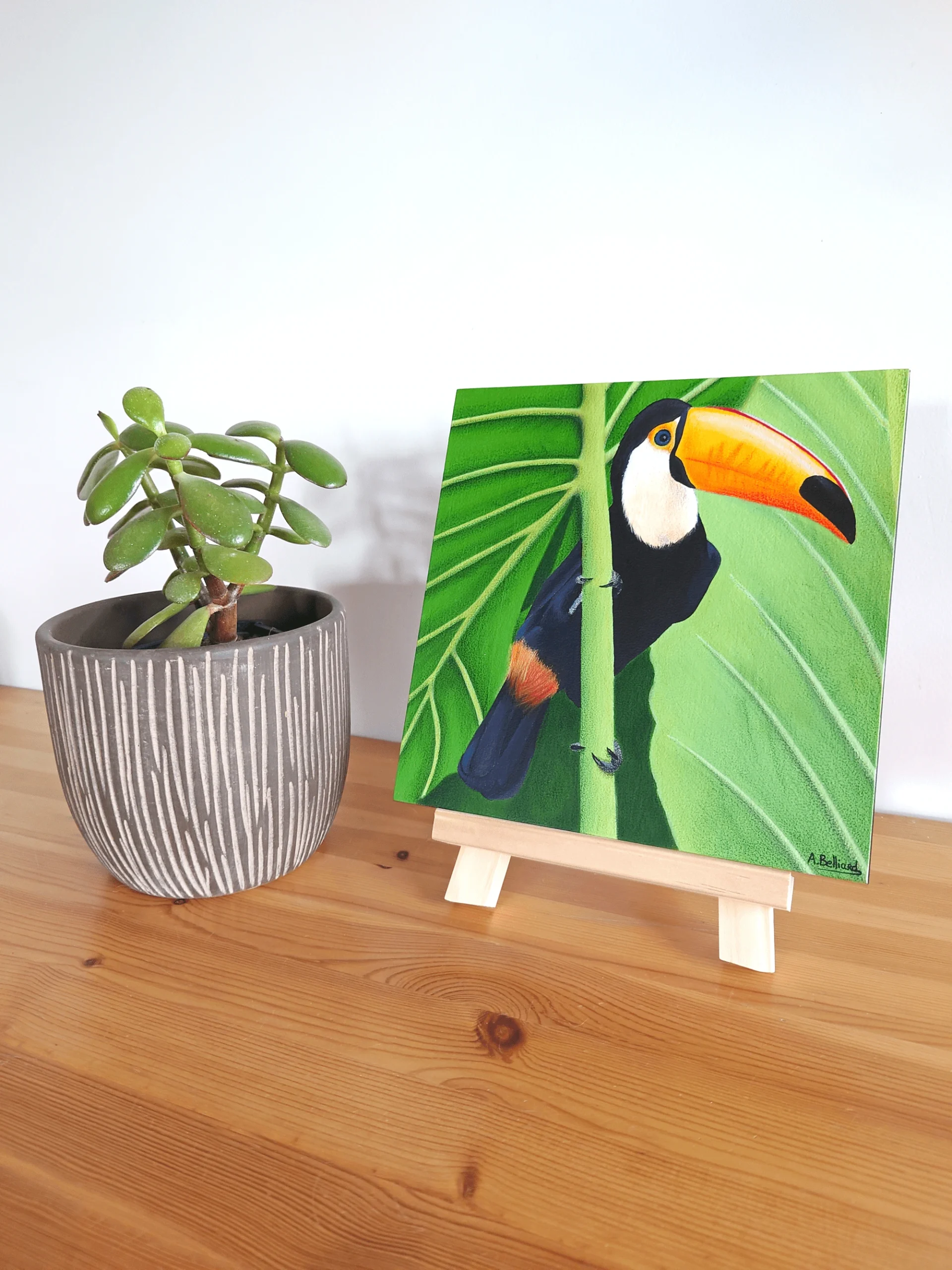 Tableau d'un oiseau tropical toucan dans les feuillages de taille 20x20 cm posé sur un meuble.