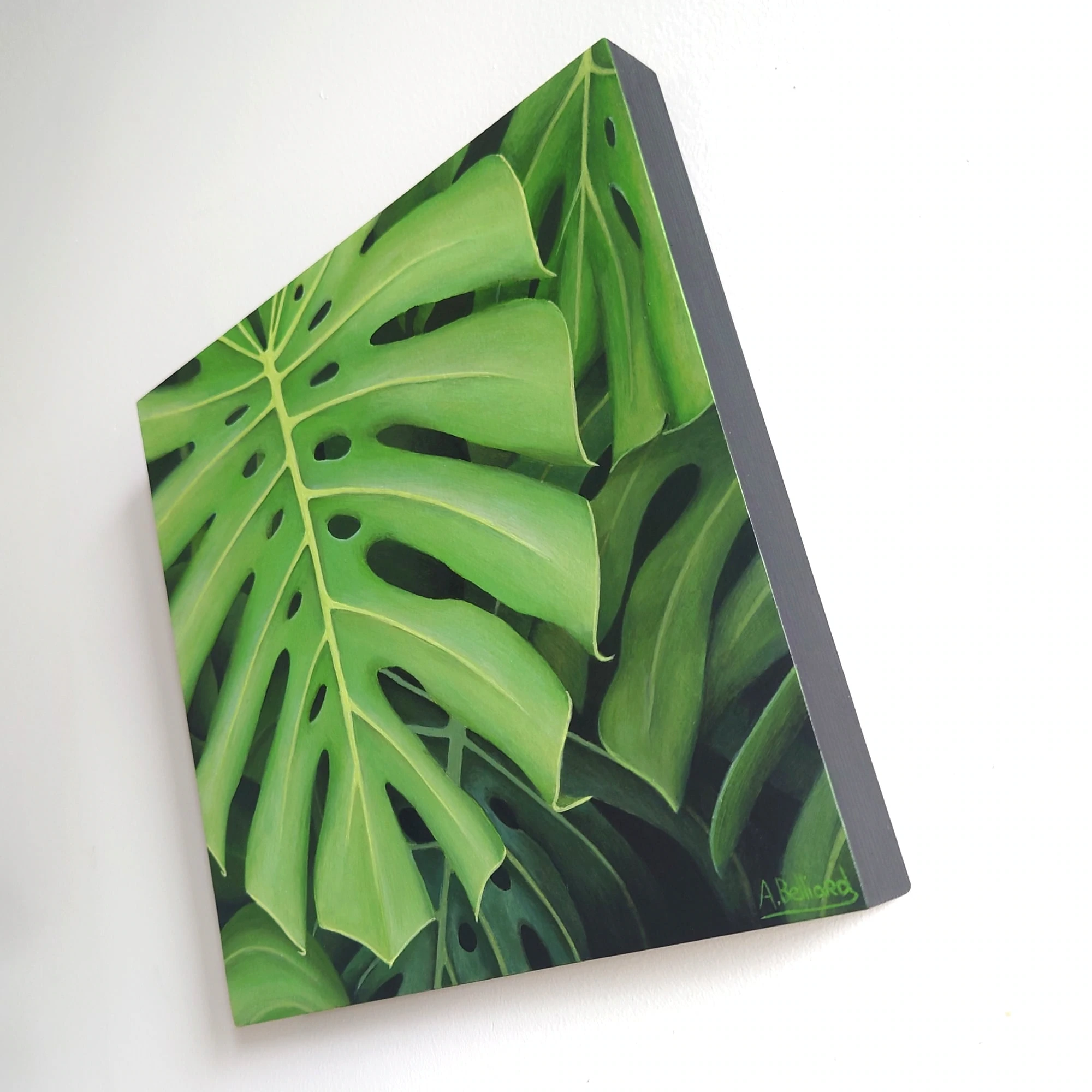 Petit tableau de feuillage de plante monstera deliciosa de taille 20x20 cm accroché sur un mur.