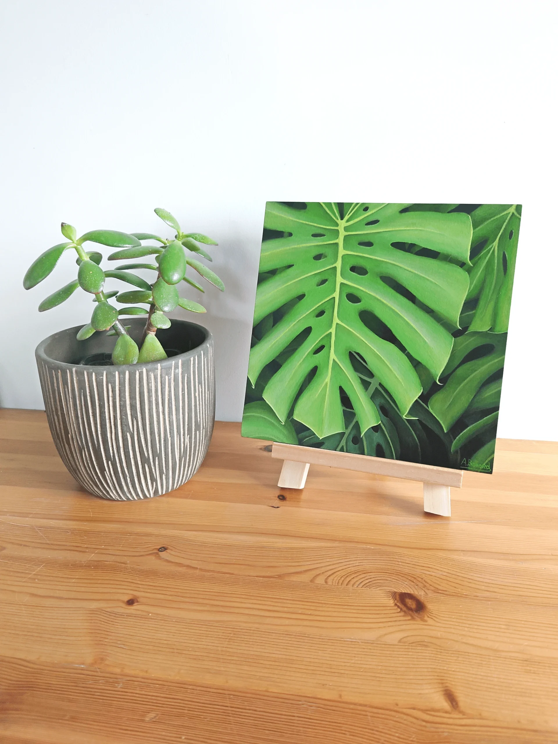 Décoration style tropicale et exotique avec un Petit tableau de feuillage de plante monstera deliciosa.