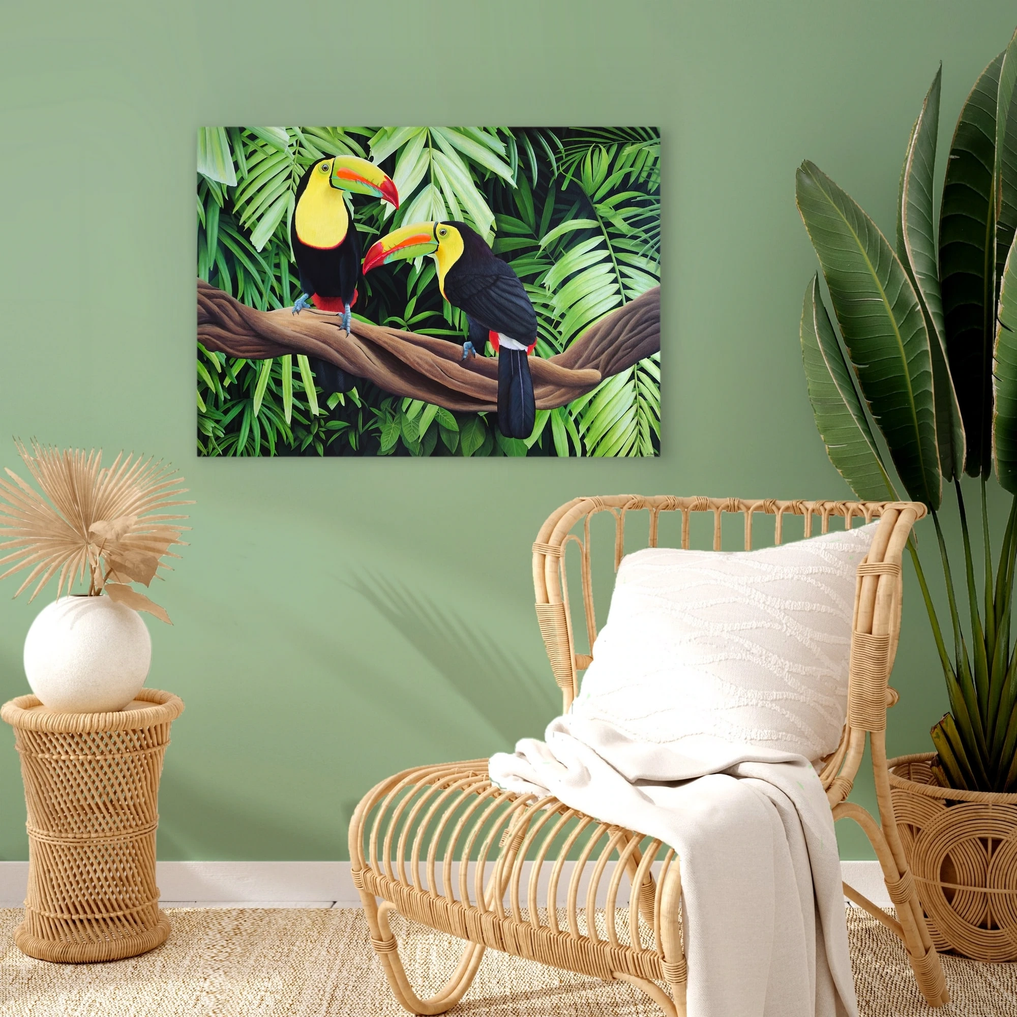 Décoration tropicale et exotique avec un Grand tableau d'oiseaux toucans et feuillage de la jungle tropicale.