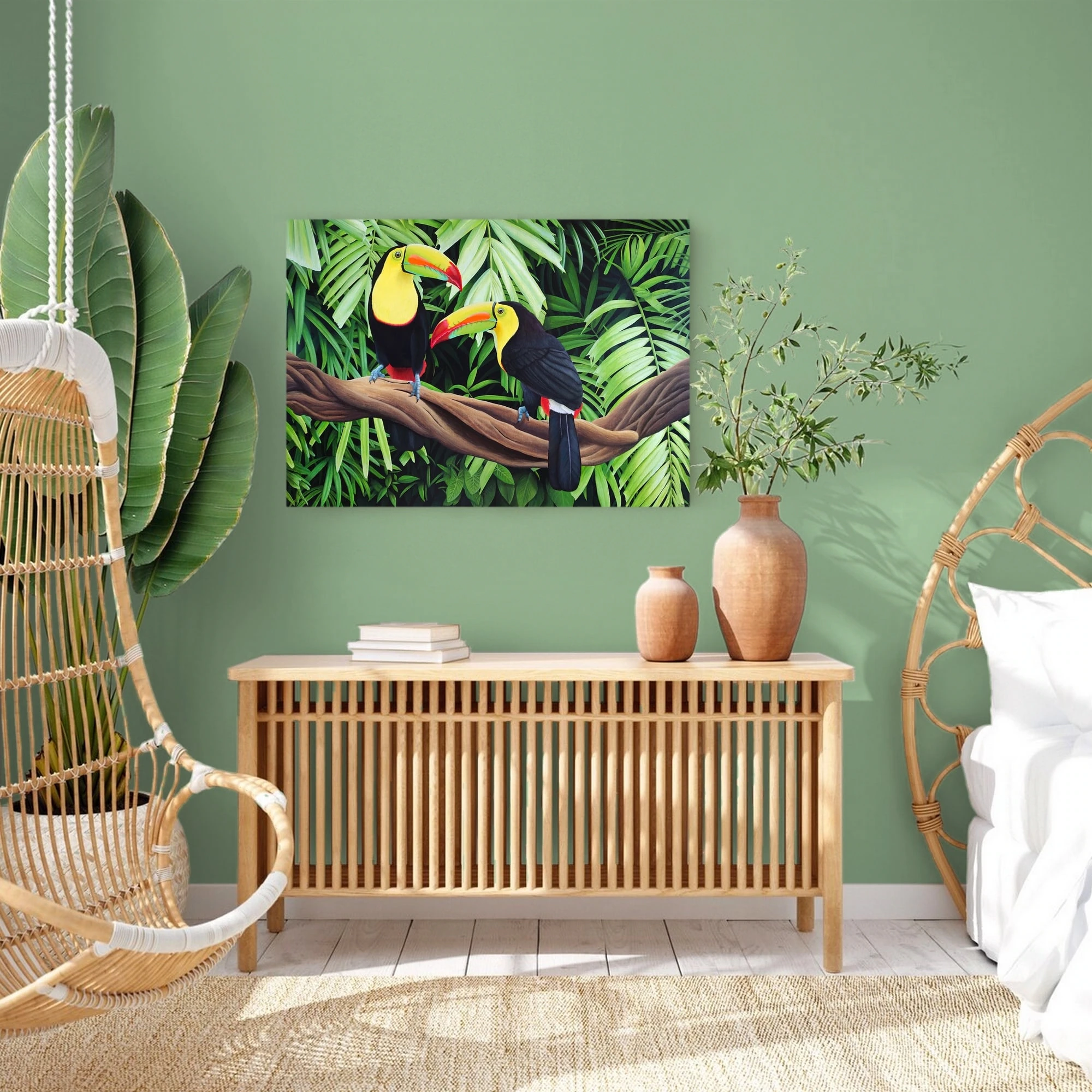 Décoration style tropicale et exotique avec un Grand tableau d'oiseaux toucans et feuillage de la jungle tropicale.