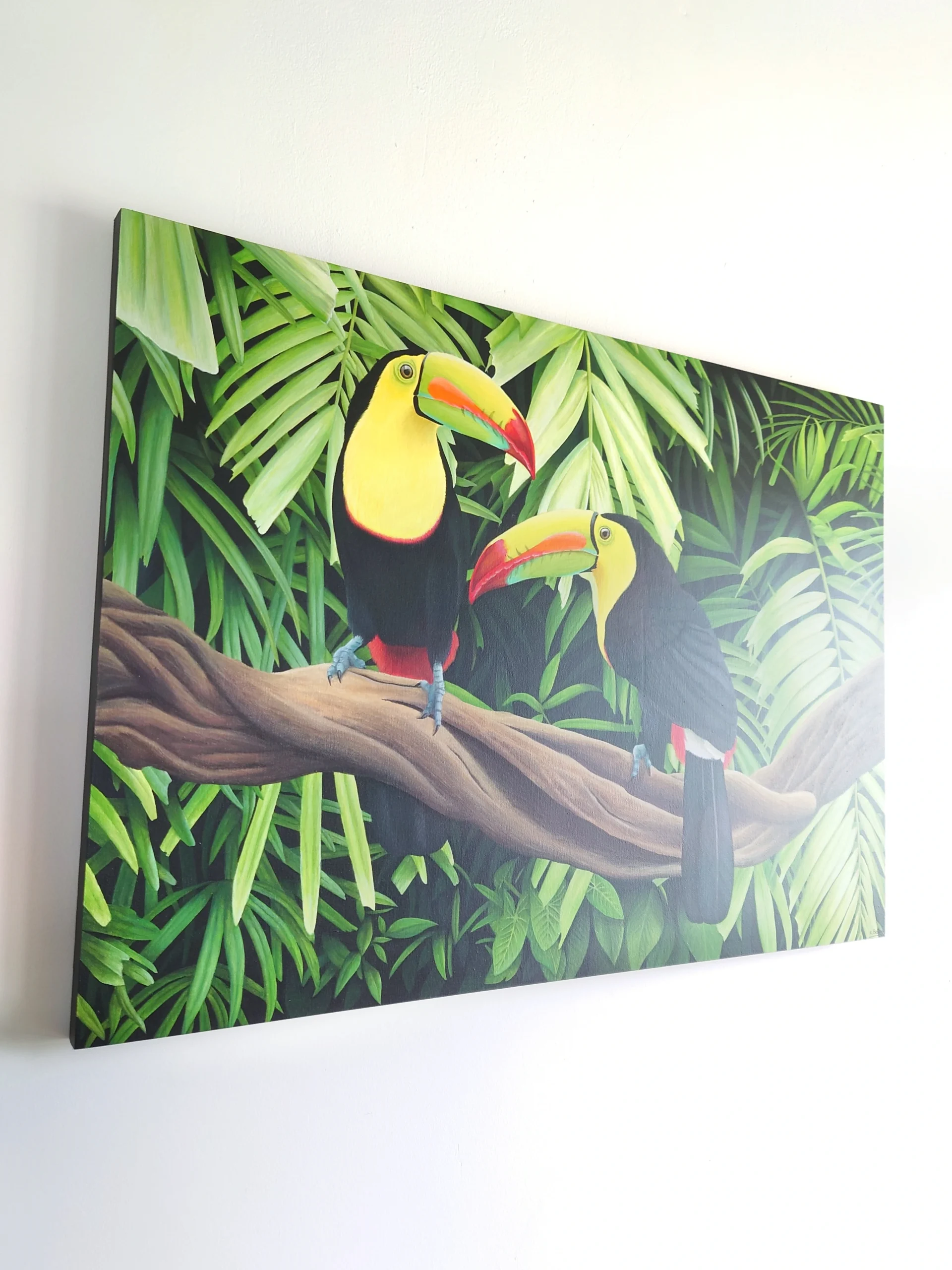 Grand tableau d'art mural tropical et exotique d'oiseaux toucans et feuillage de la jungle tropicale