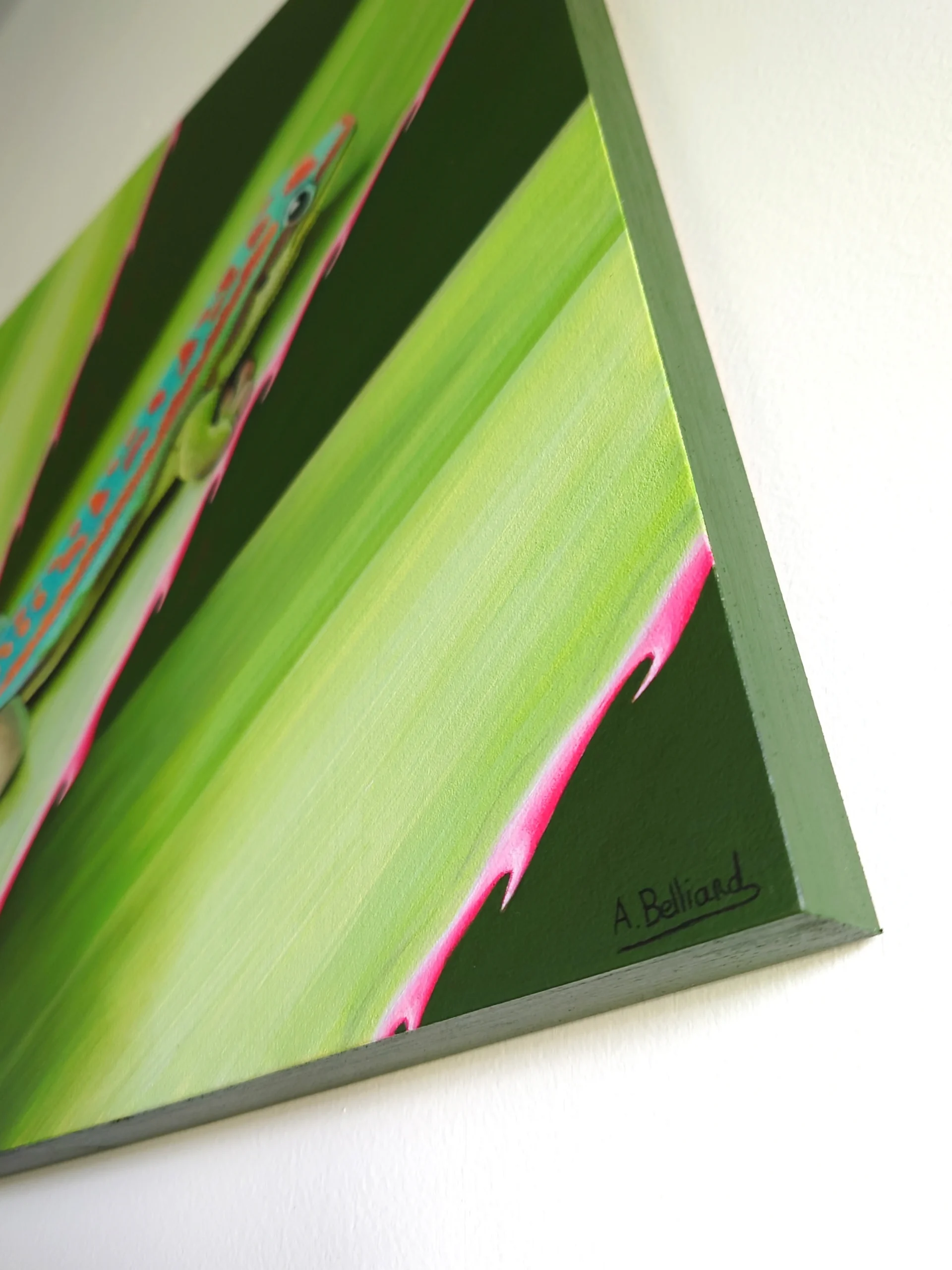 Tableau d'art mural tropical et exotique d'un gecko diurne orné de l'île maurice dans un feuillage tropical