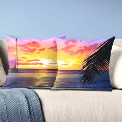 Coussin et housse tropical exotique, Coucher de soleil sur la mer de tahiti